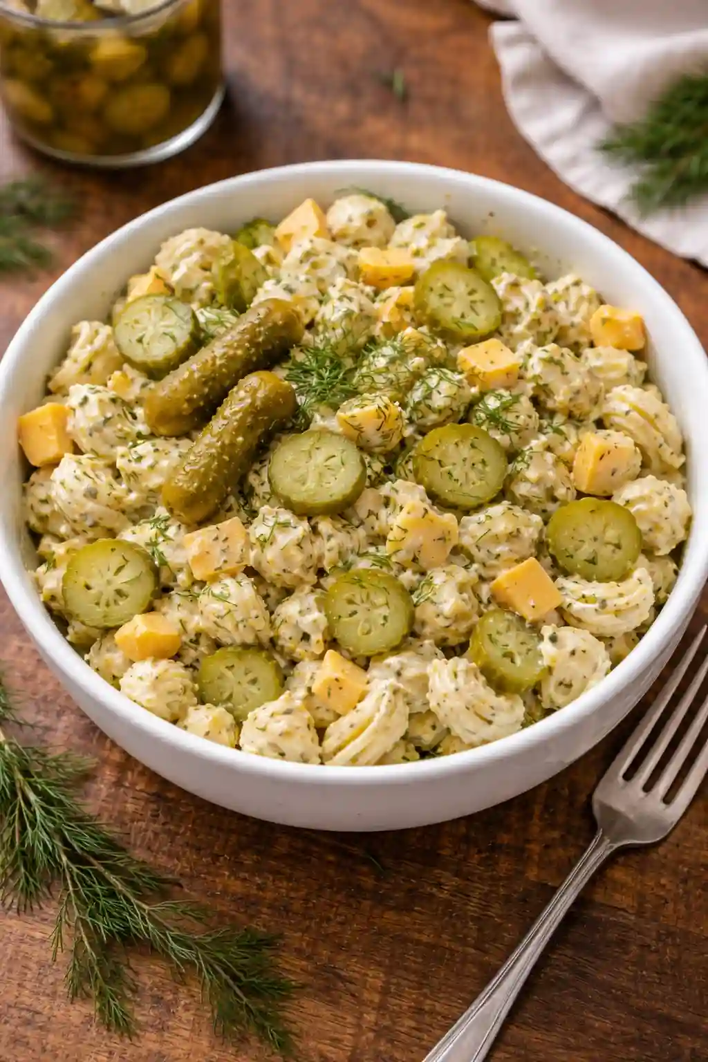 creamy dill pickle pasta salad with cheese and crunchy pickles