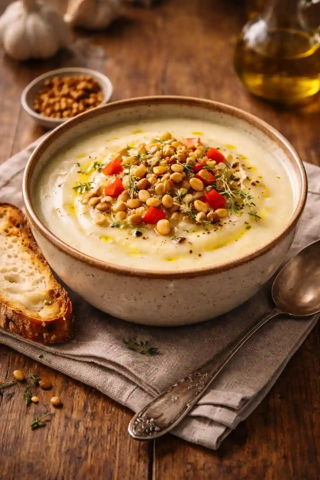 Creamy garlic potato soup served in a rustic bowl topped with toasted pine nuts, diced red pepper, thyme, and olive oil with crusty bread on the side.
