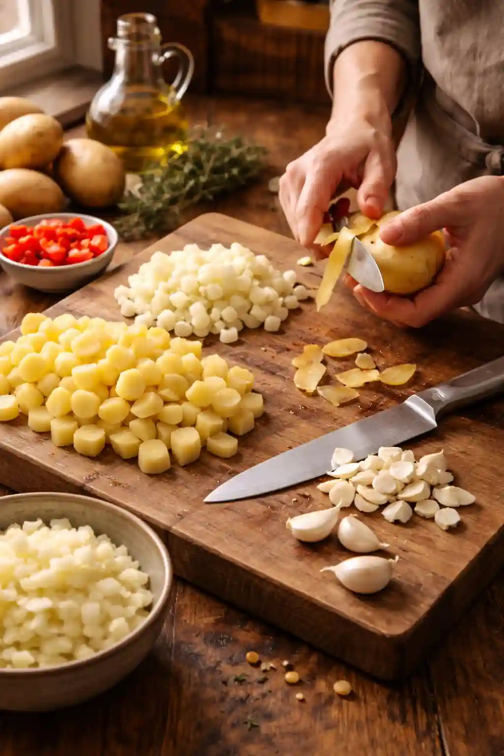 Hands peeling and dicing potatoes and garlic on a wooden cutting board while preparing ingredients for creamy garlic potato soup.