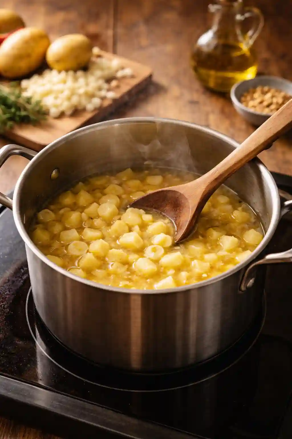 Potatoes and garlic simmering in vegetable broth in a stainless steel pot while making creamy garlic potato soup.