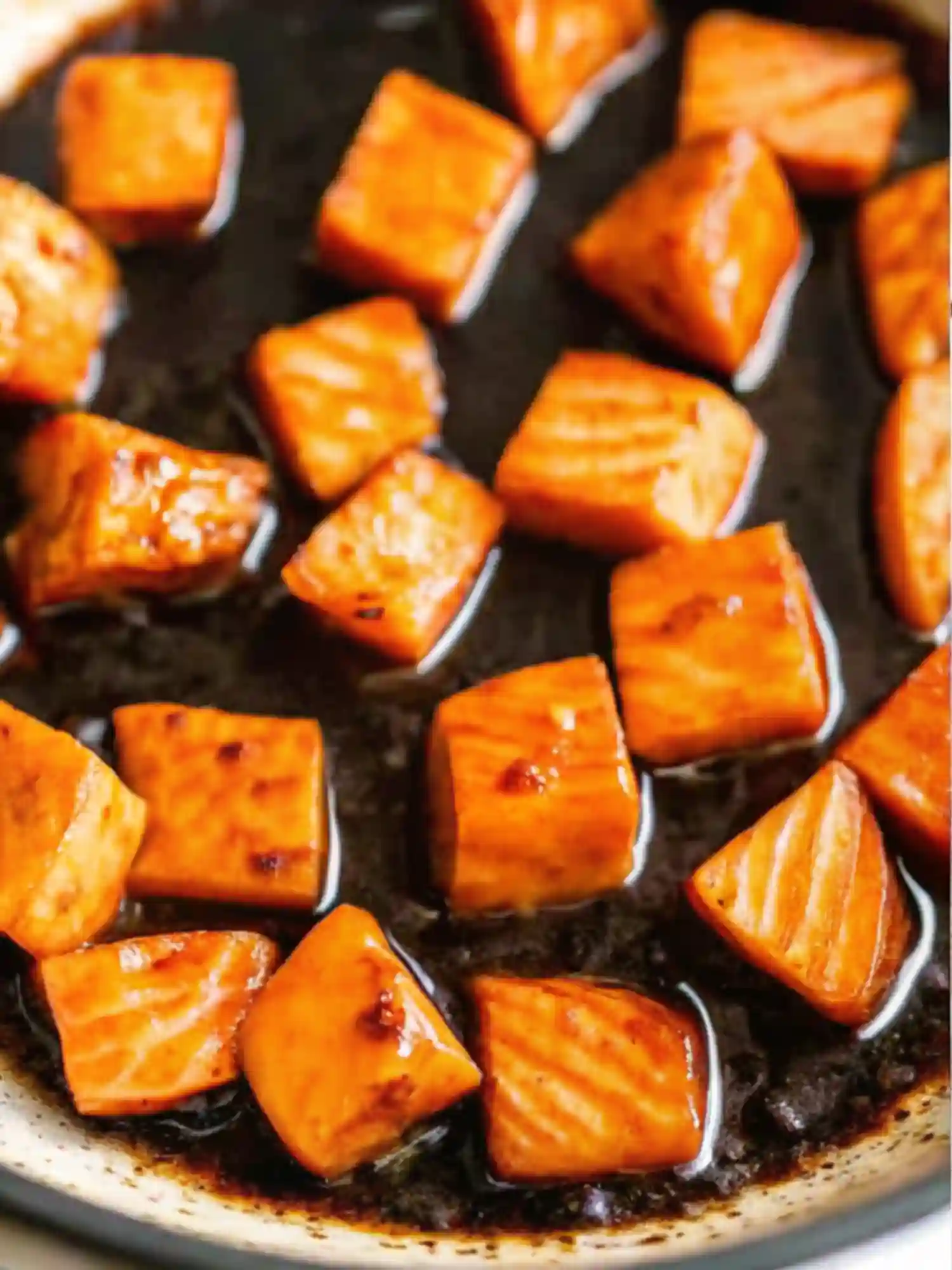 Crispy Honey Sriracha Salmon Cubes Cooking in Pan crispy salmon cubes cooking in a pan with honey sriracha sauce forming a sticky glaze
