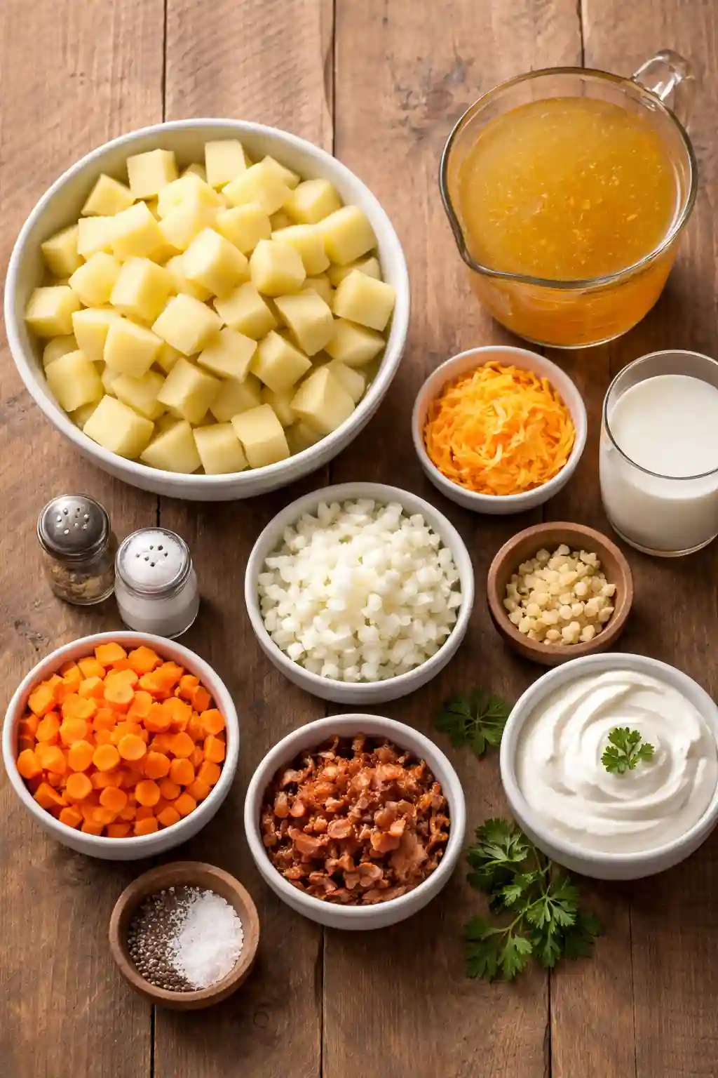 ingredients for easy crockpot potato soup with potatoes carrots cheese and broth