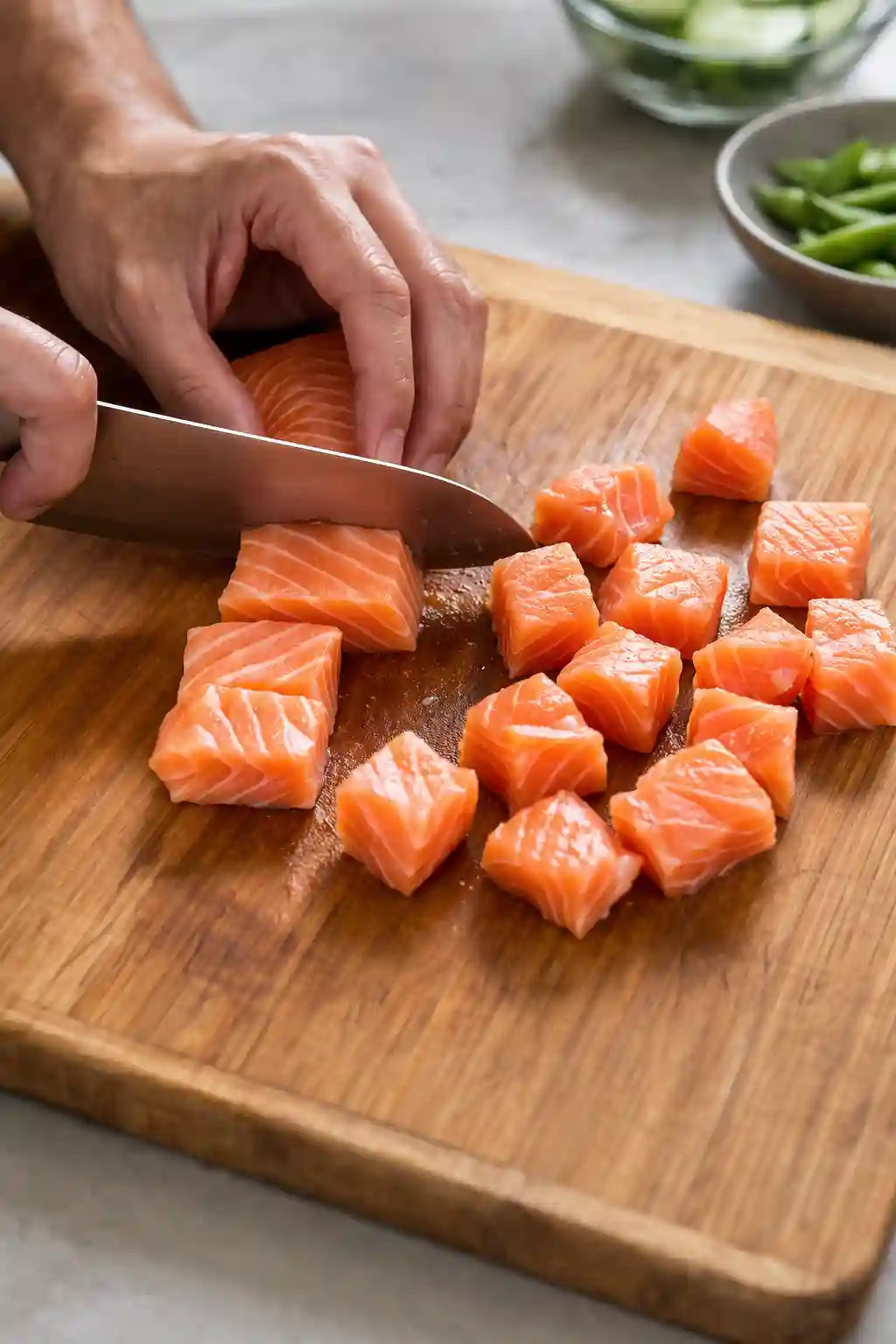 Cutting Salmon Cubes for Honey Sriracha Salmon Bowls cutting fresh salmon into cubes on a wooden board for honey sriracha salmon bowls