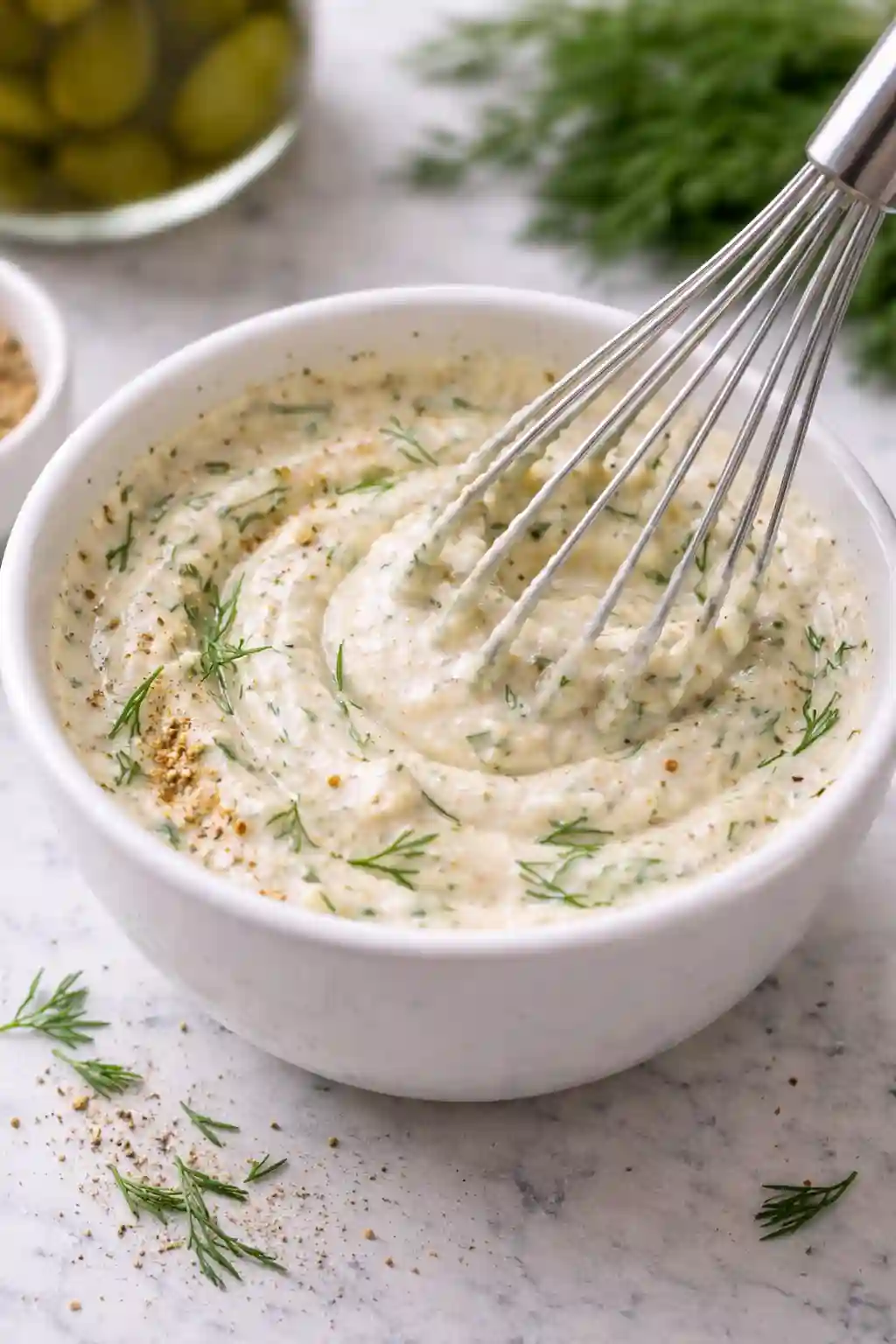 homemade dill pickle pasta salad dressing being mixed