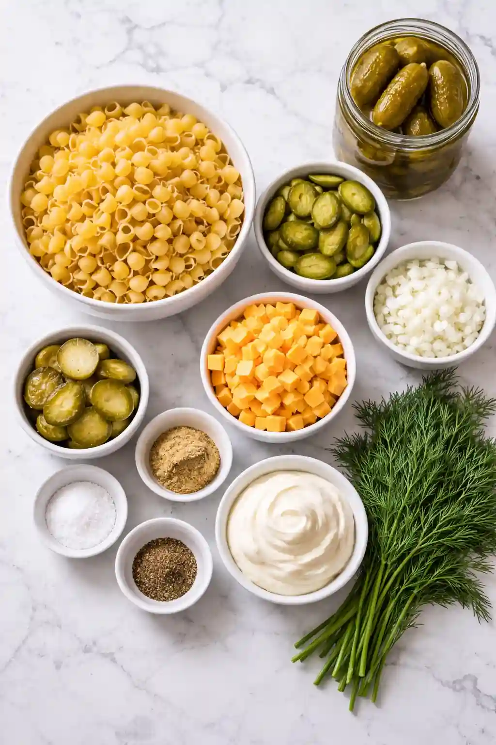 ingredients for dill pickle pasta salad laid out on table
