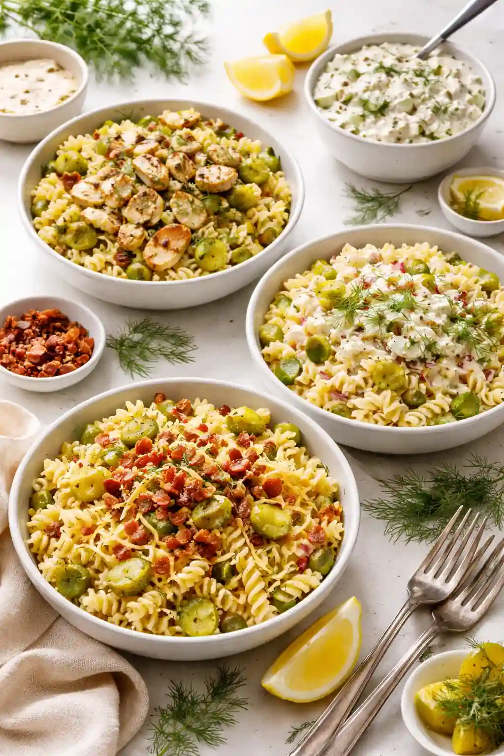 dill pickle pasta salad variations with chicken bacon and creamy dressing