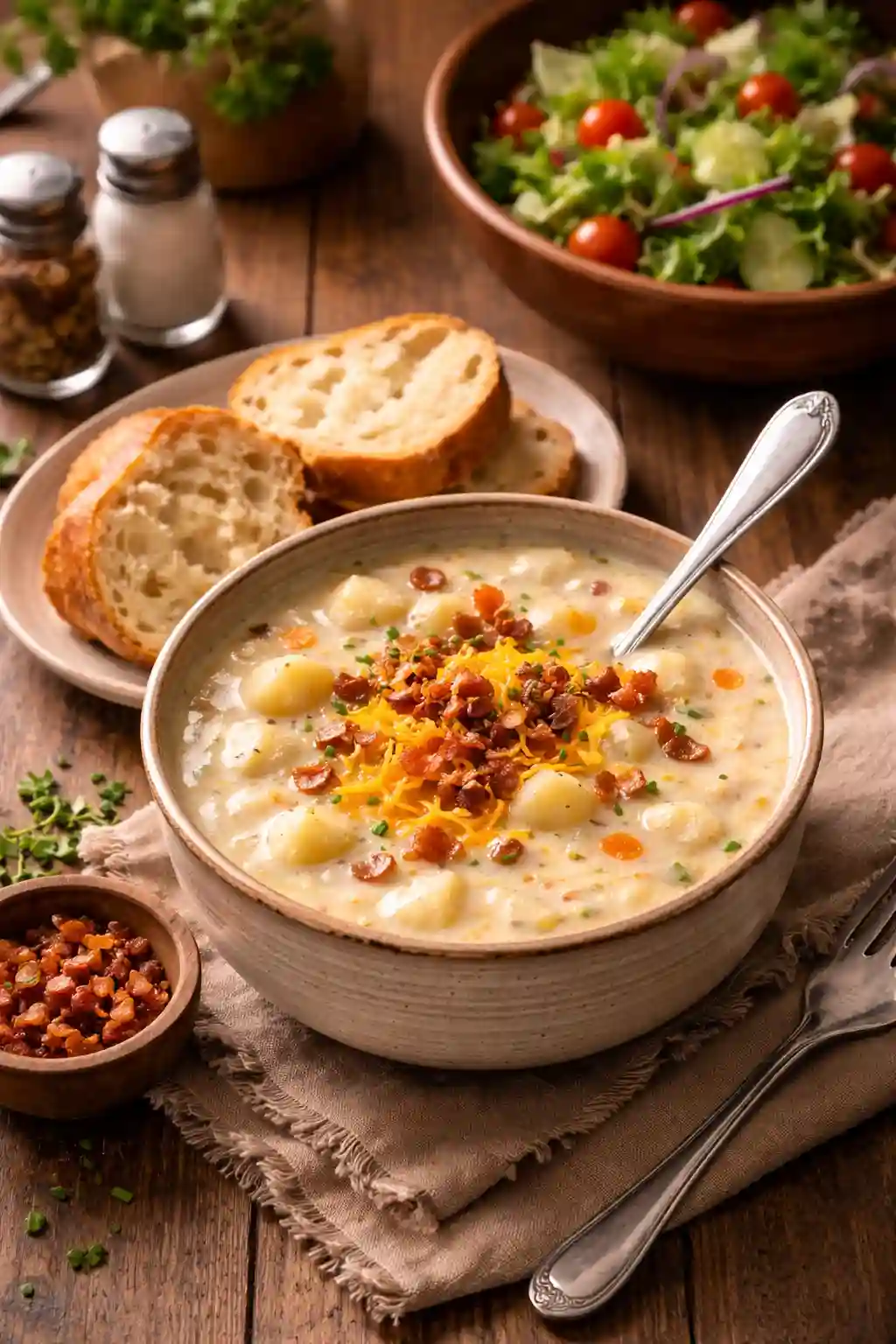 easy crockpot potato soup served with bread and salad on wooden table