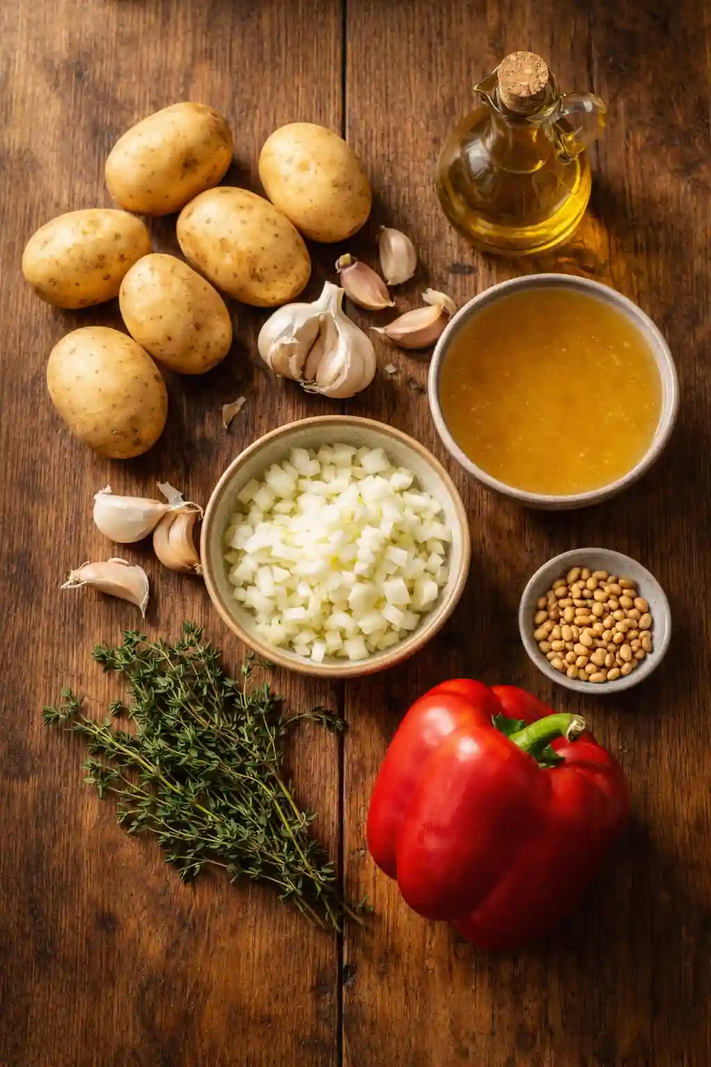 Fresh ingredients for creamy garlic potato soup including potatoes, garlic, chopped onion, vegetable broth, olive oil, thyme, red bell pepper, and pine nuts on a rustic wooden table.