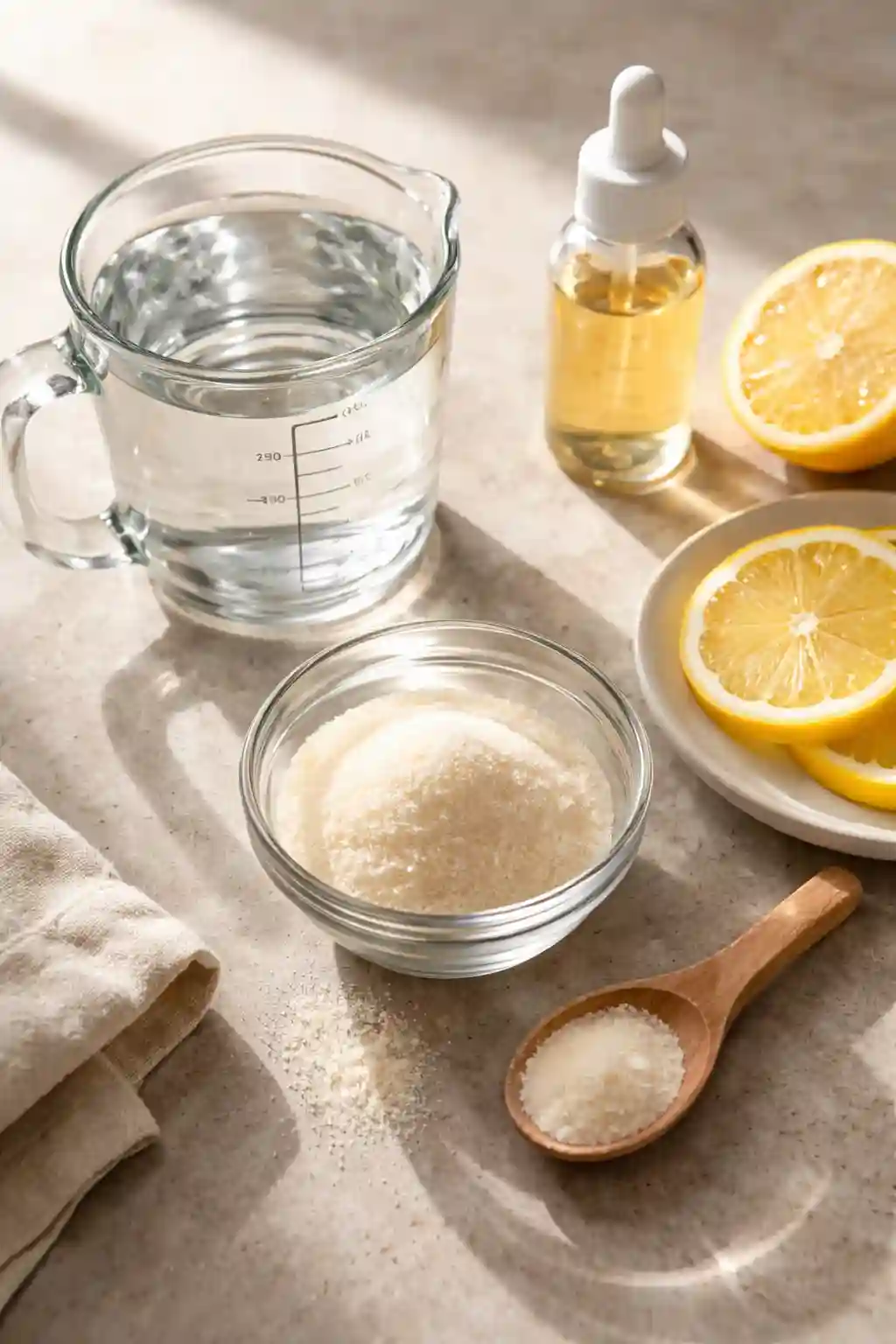 gelatin recipe ingredients with water lemon and unflavored gelatin powder