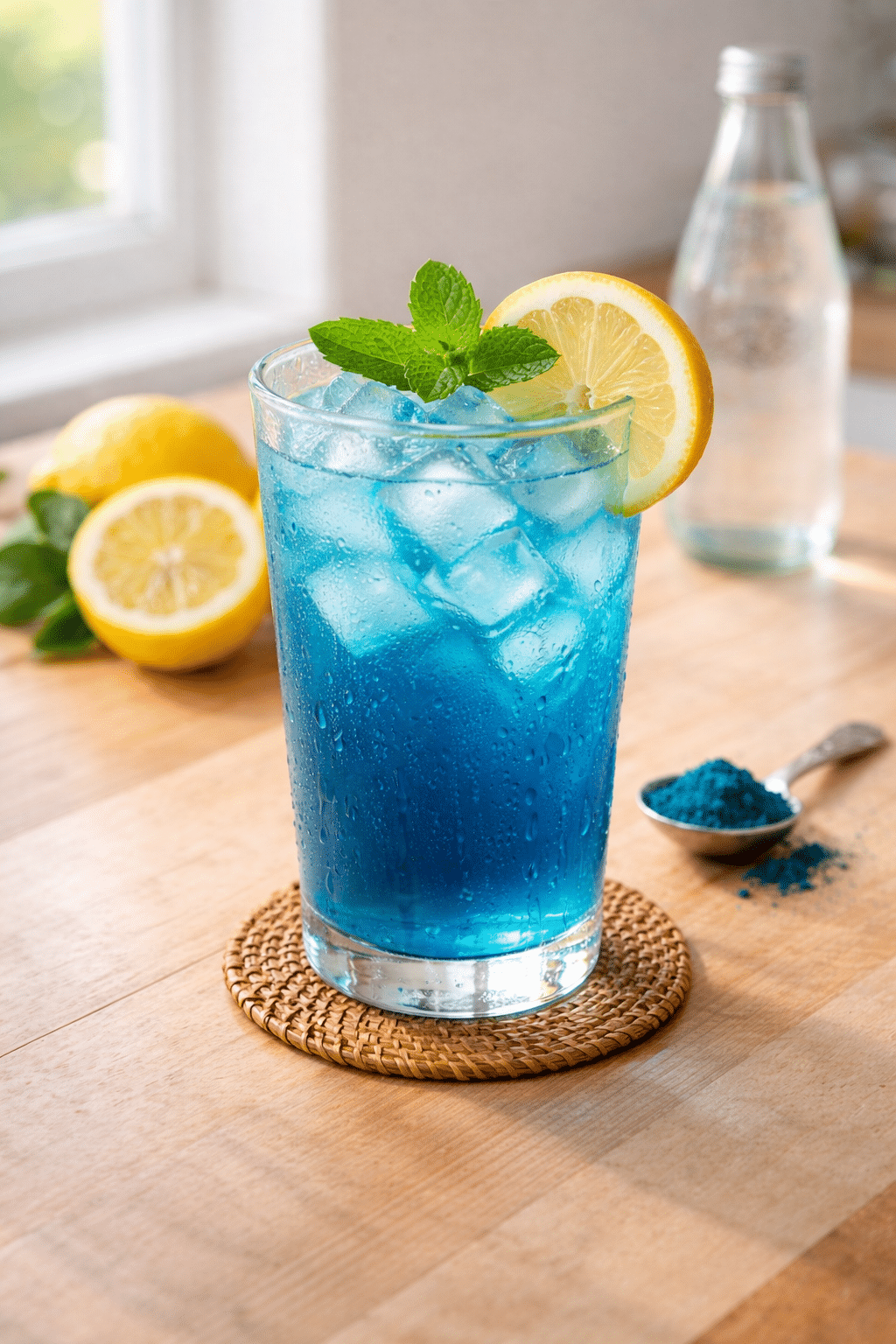 blue spirulina lemonade for weight loss served with lemon slice mint and ice in a glass