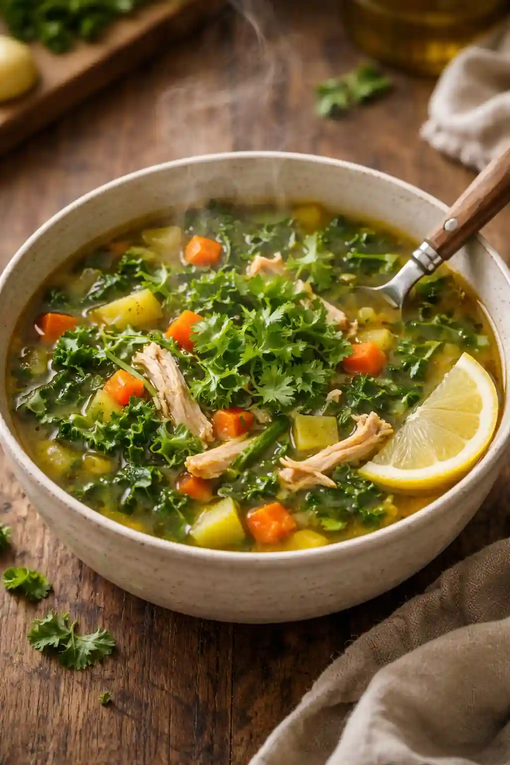 Healthy Detox Vegetable Soup Recipe with Chicken and Lemon healthy detox vegetable soup recipe with chicken kale carrots and lemon in a bowl