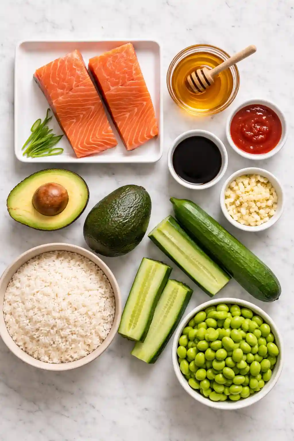 Honey Sriracha Salmon Bowl Ingredients Fresh and Healthy ingredients for honey sriracha salmon bowls including salmon rice avocado cucumber edamame honey and sriracha
