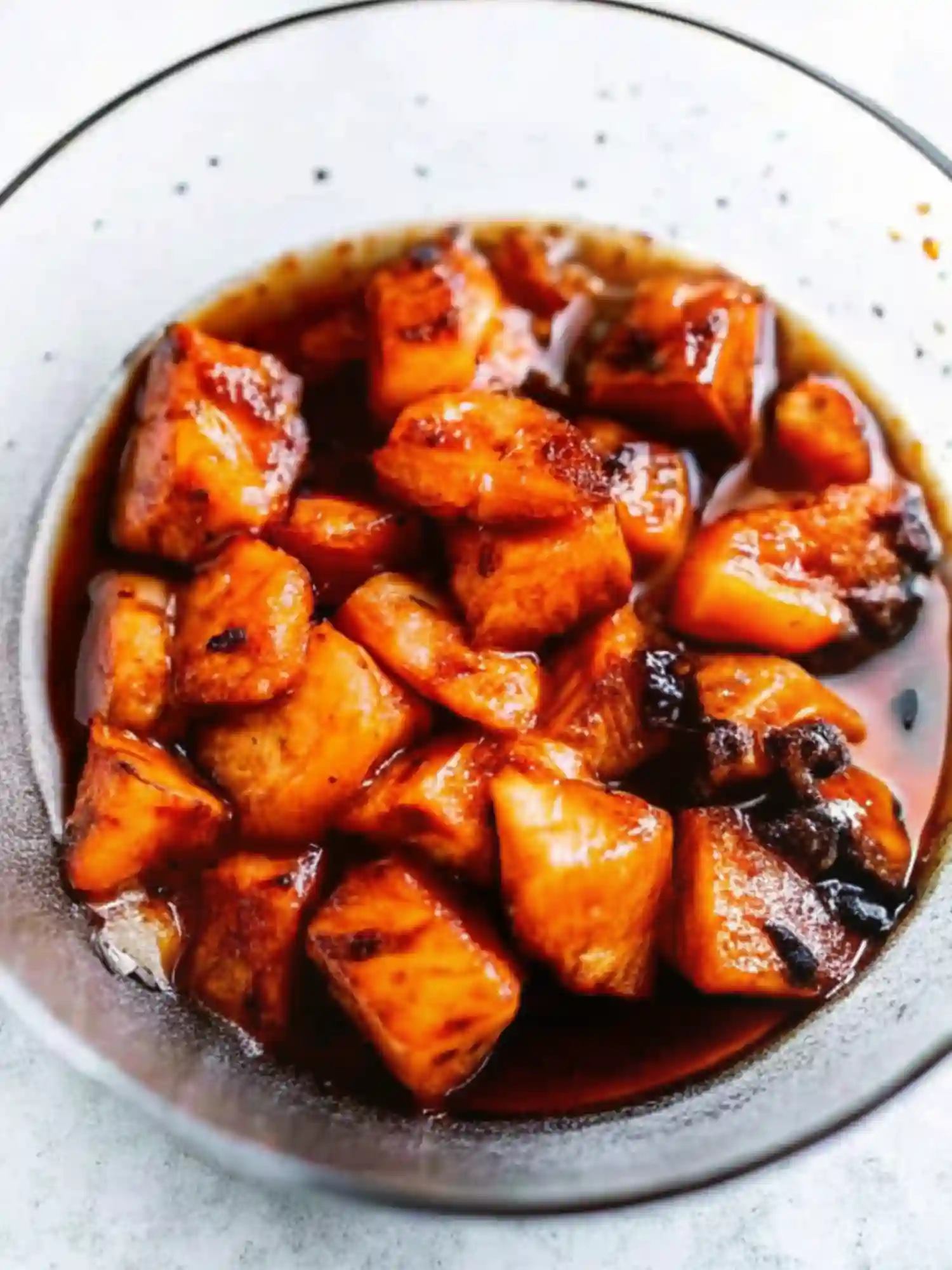 Honey Sriracha Salmon Glaze Sticky and Caramelized honey sriracha salmon cubes coated in a sticky sweet and spicy glaze in a bowl