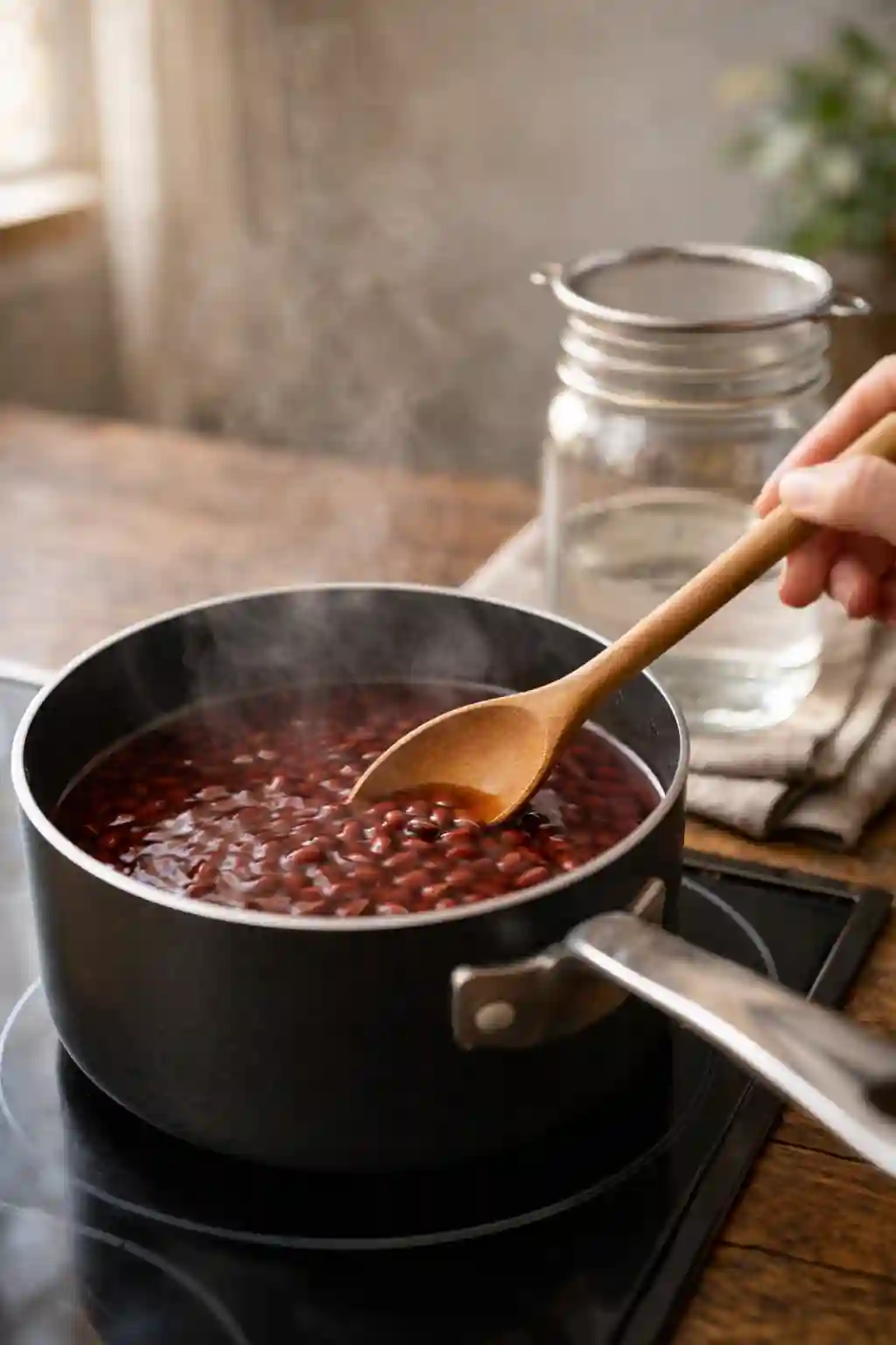 How to make adzuki bean water for weight loss by simmering red adzuki beans in a saucepan with a wooden spoon on a stovetop