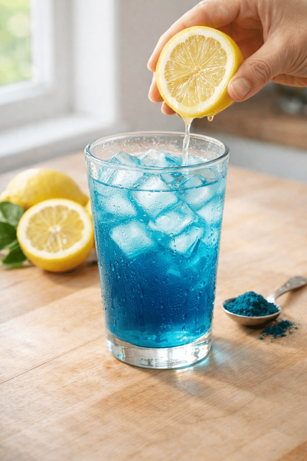 hand squeezing lemon into blue spirulina lemonade for weight loss with ice and spirulina powder