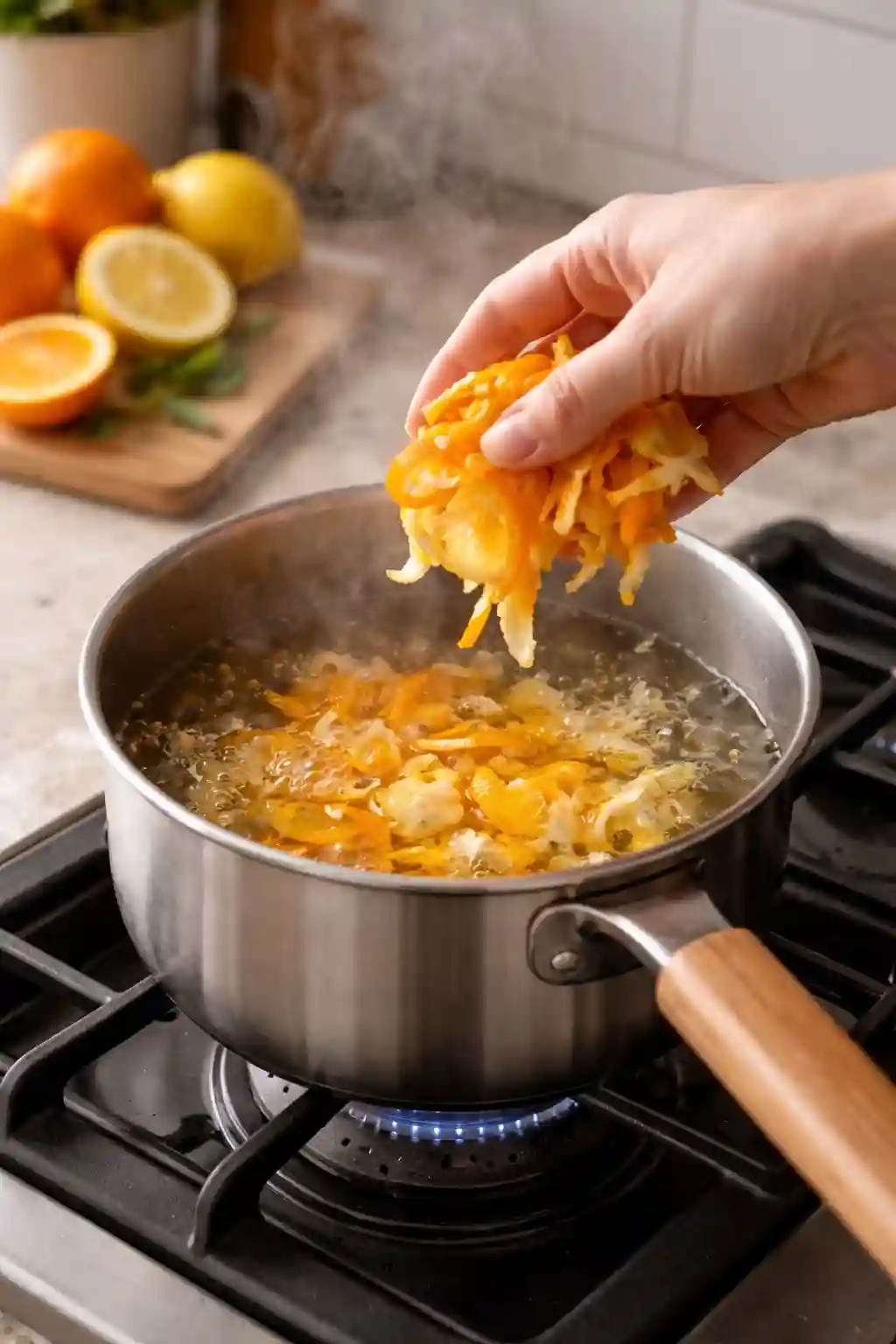 How to Make Citrus Peel Tea Boiling Orange and Lemon Peels How to make citrus peel tea by adding orange and lemon peels into boiling water