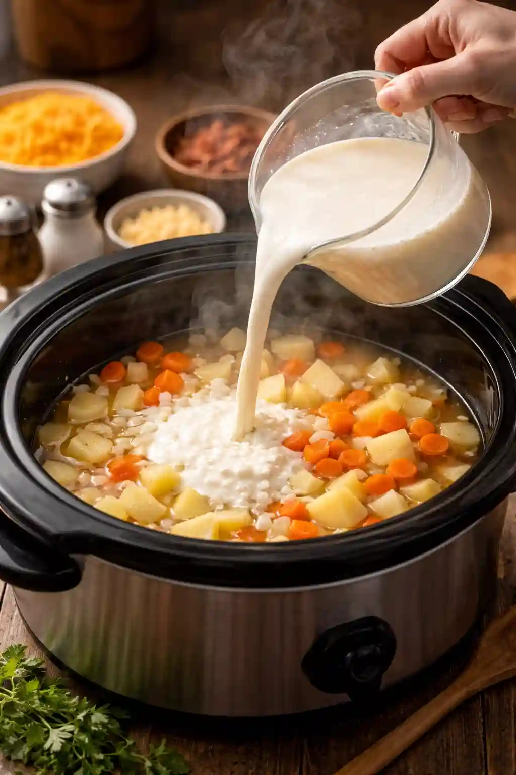 how to make easy crockpot potato soup adding milk to slow cooker