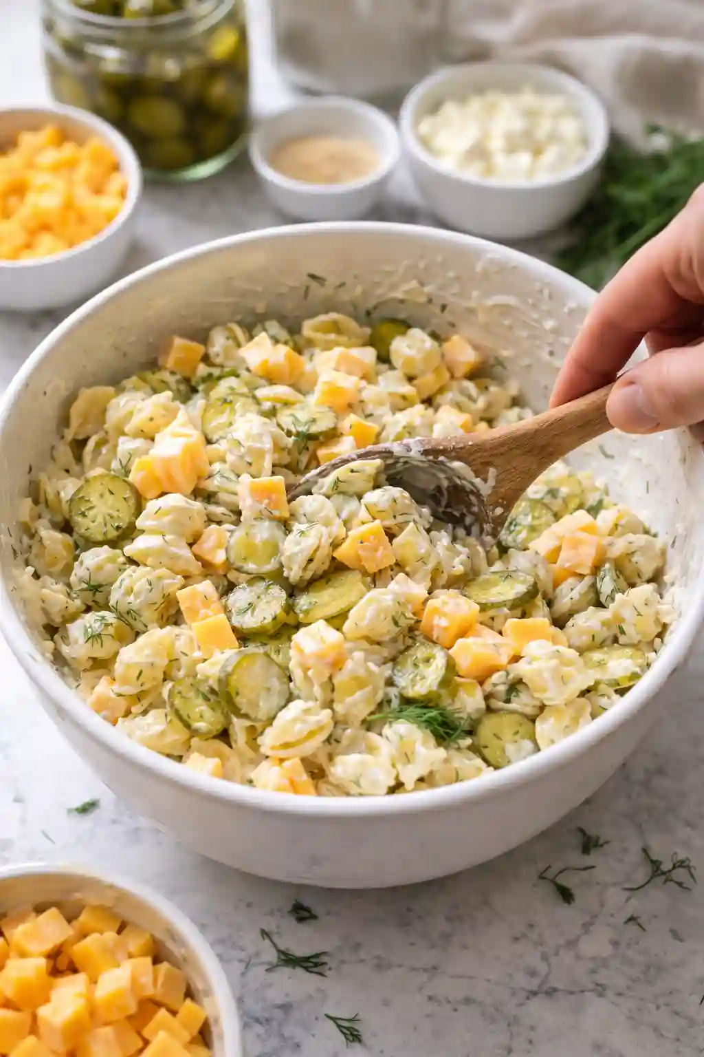 mixing dill pickle pasta salad with cheese and pickles