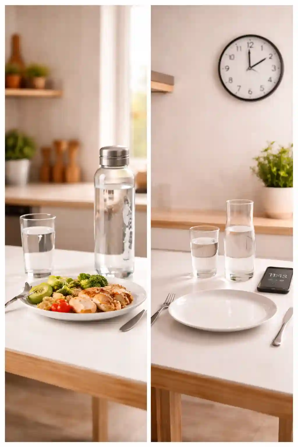 water stacking vs intermittent fasting comparison showing meal with water vs empty plate with clock