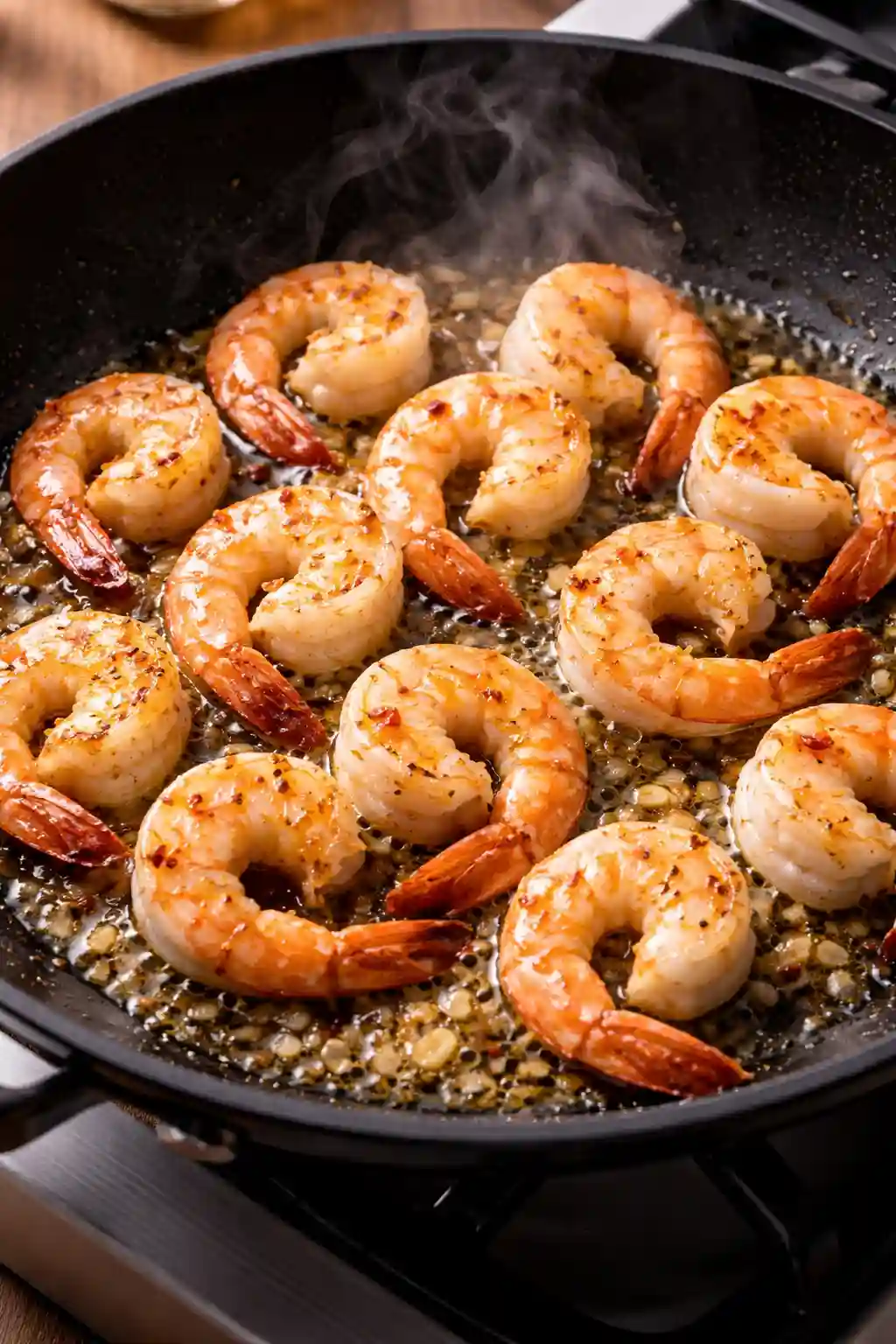How to cook juicy shrimp for shrimp rice bowl recipe Shrimp cooking in skillet with garlic and seasoning for shrimp rice bowl