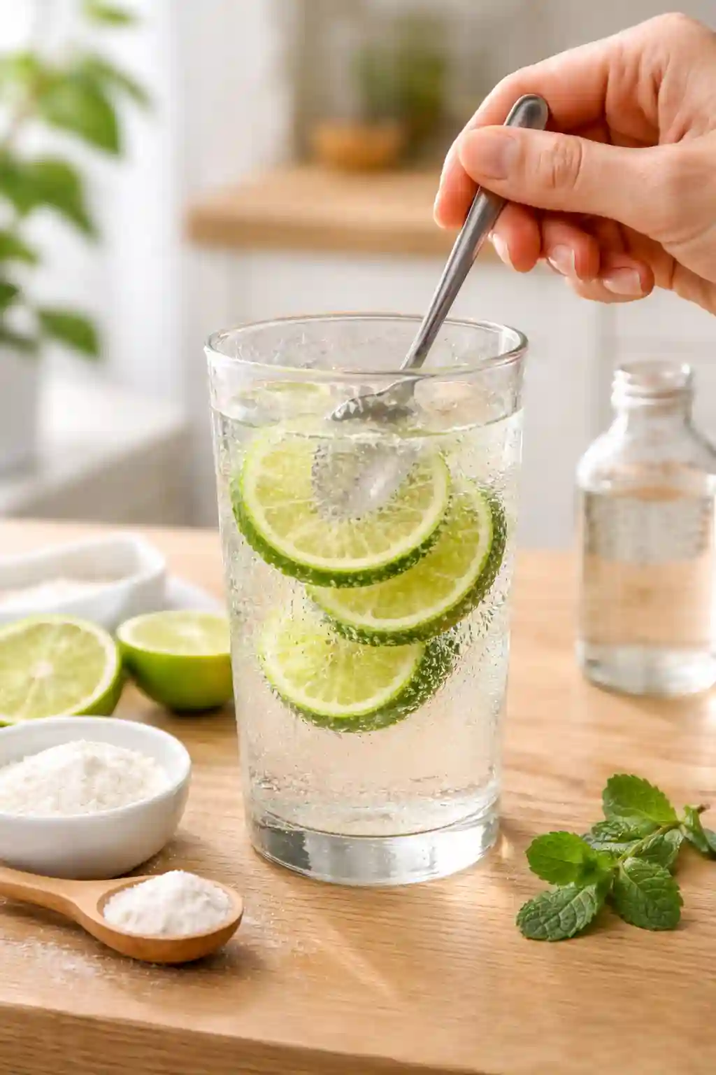 How to Make Prebiotic Water for Weight Loss Step by Step Hand stirring prebiotic fiber powder into water with lime slices in a glass