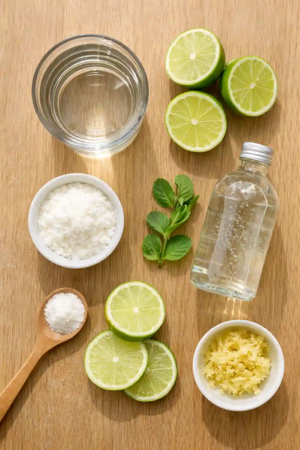 Ingredients for Prebiotic Water for Weight Loss Top view of prebiotic water ingredients including lime, fiber powder, sparkling water and mint