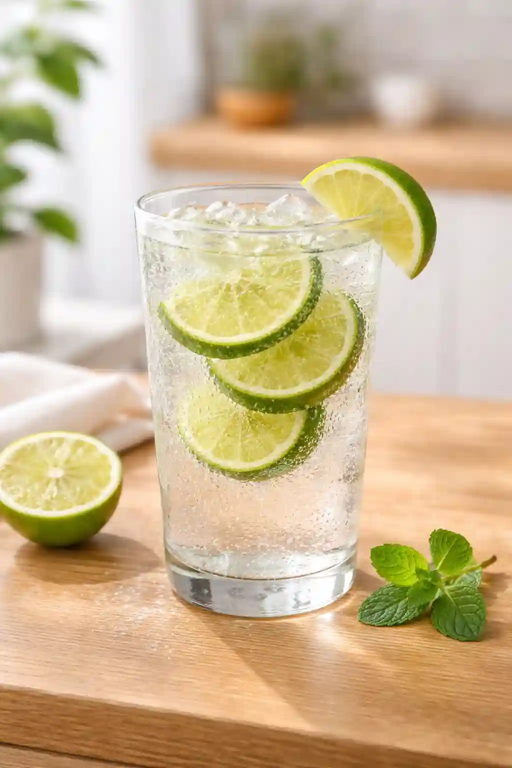 Prebiotic Water for Weight Loss with Lime and Sparkling Water ♿ Alt Text Glass of prebiotic water for weight loss with lime slices and sparkling water on a wooden table