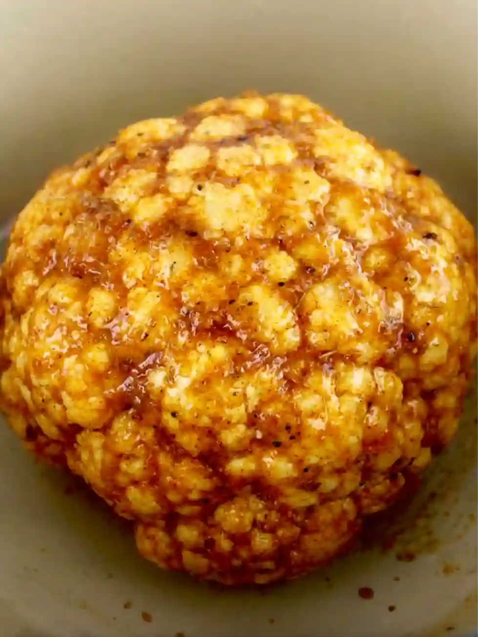 Seasoned Whole Cauliflower Before Roasting whole roasted cauliflower recipe seasoned with garlic oil and spices before roasting