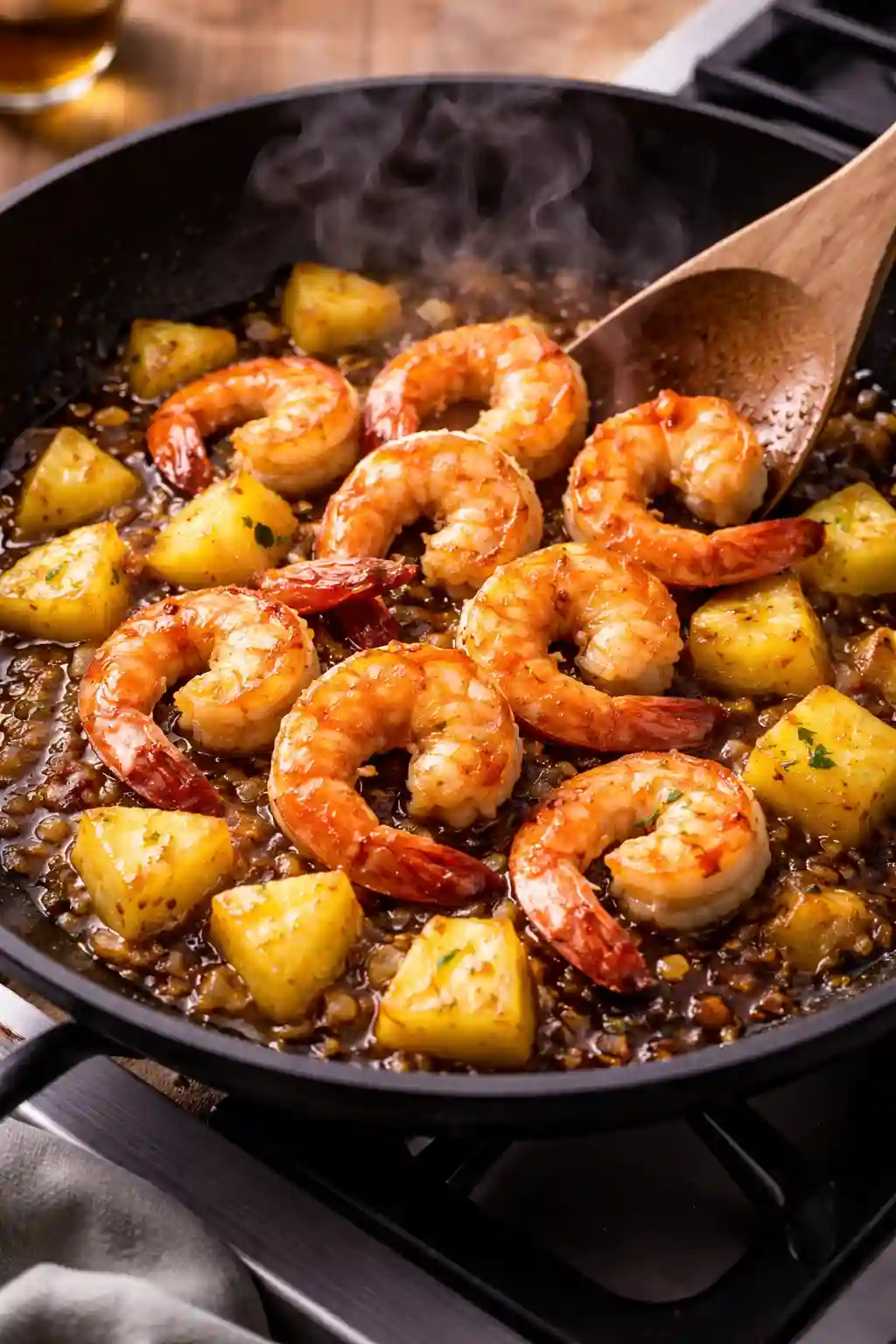 Tropical shrimp cooking with pineapple in skillet recipe step Shrimp and pineapple cooking in skillet for tropical shrimp rice bowl