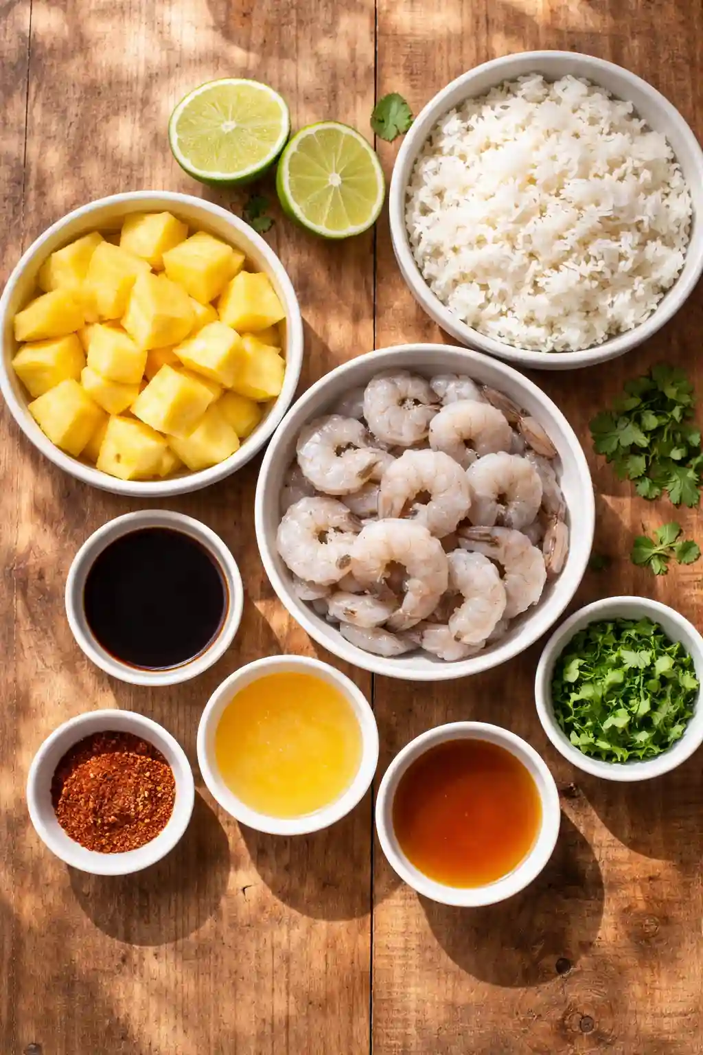 Shrimp rice bowl ingredients with pineapple and jasmine rice Ingredients for shrimp rice bowl with shrimp, pineapple, rice, and lime