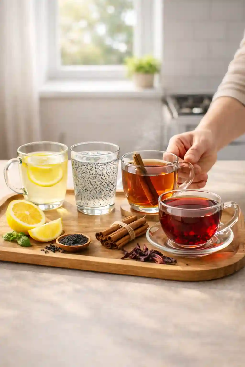 water stacking for weight loss drink routine served on a tray with lemon water basil seed drink cinnamon tea hibiscus tea and natural ingredients