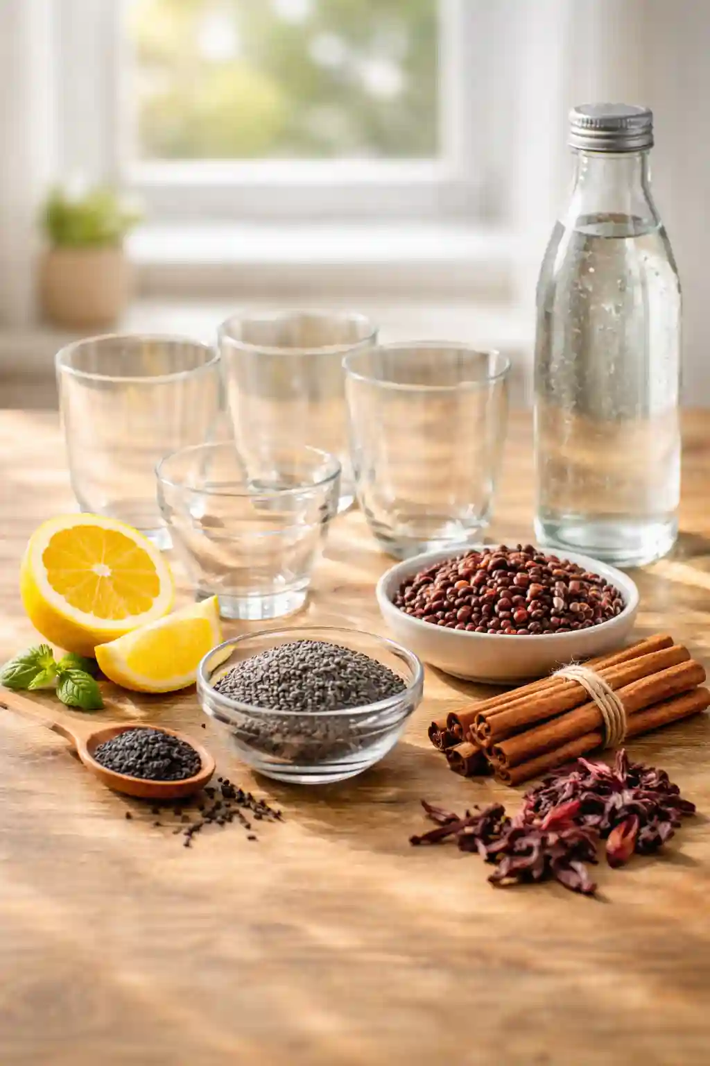 ingredients for water stacking for weight loss including lemon basil seeds adzuki beans cinnamon sticks hibiscus flowers and mineral water on a wooden table