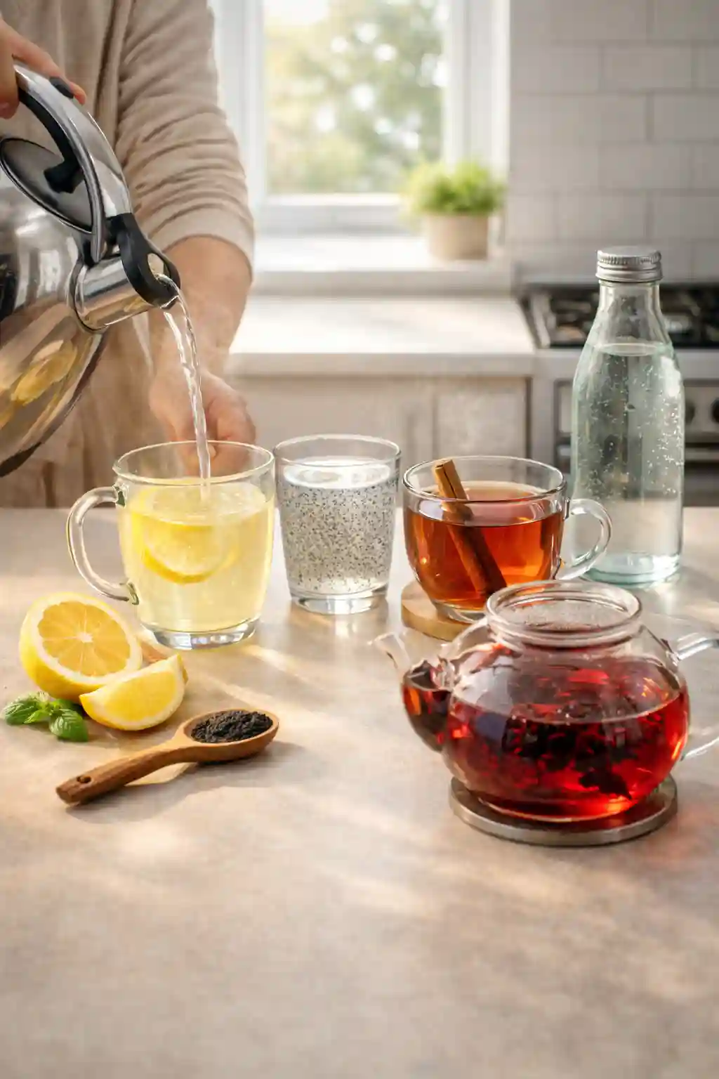 how to make water stacking for weight loss drinks including lemon water basil seed drink cinnamon infusion and hibiscus tea in a kitchen