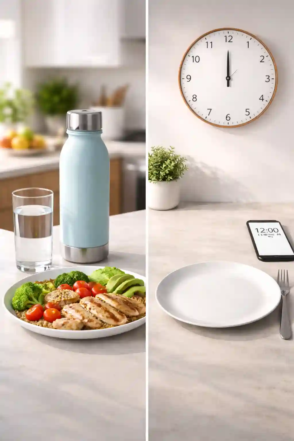 water stacking vs intermittent fasting showing healthy meal with water vs empty plate with clock and phone