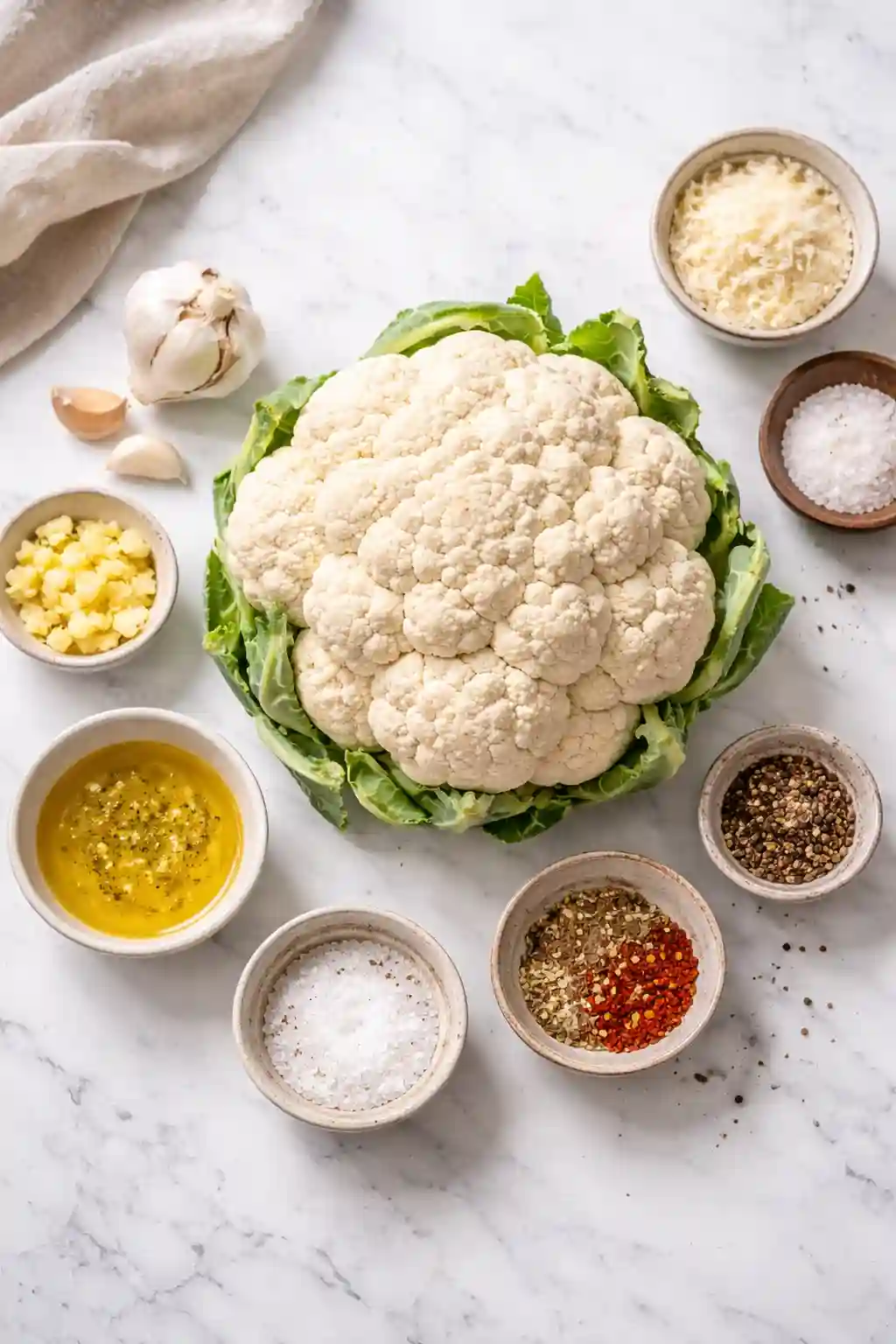 Whole Roasted Cauliflower Recipe Ingredients Layout whole roasted cauliflower recipe ingredients with garlic olive oil spices and parmesan on marble background