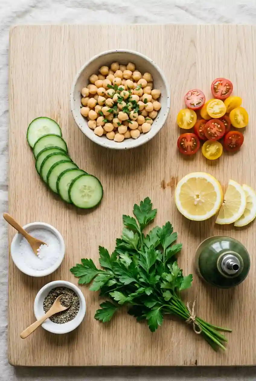 Fresh ingredients for chickpea salad including chickpeas, cucumber, cherry tomatoes, lemon, parsley and olive oil on wooden board