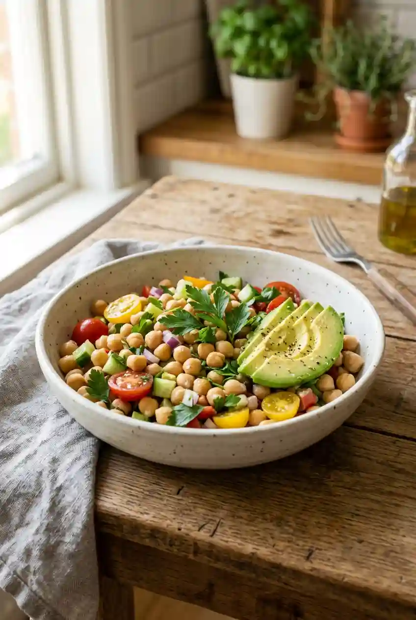 Chickpea salad with avocado, cucumber and cherry tomatoes in a bowl, showing a low glycemic and blood sugar friendly meal