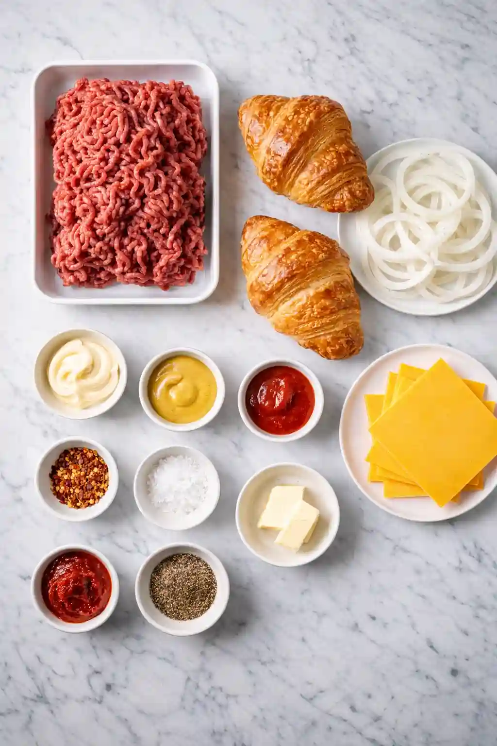 Croissant Smash Burger Recipe Ingredients Layout croissant smash burger recipe ingredients with ground beef cheese and croissants