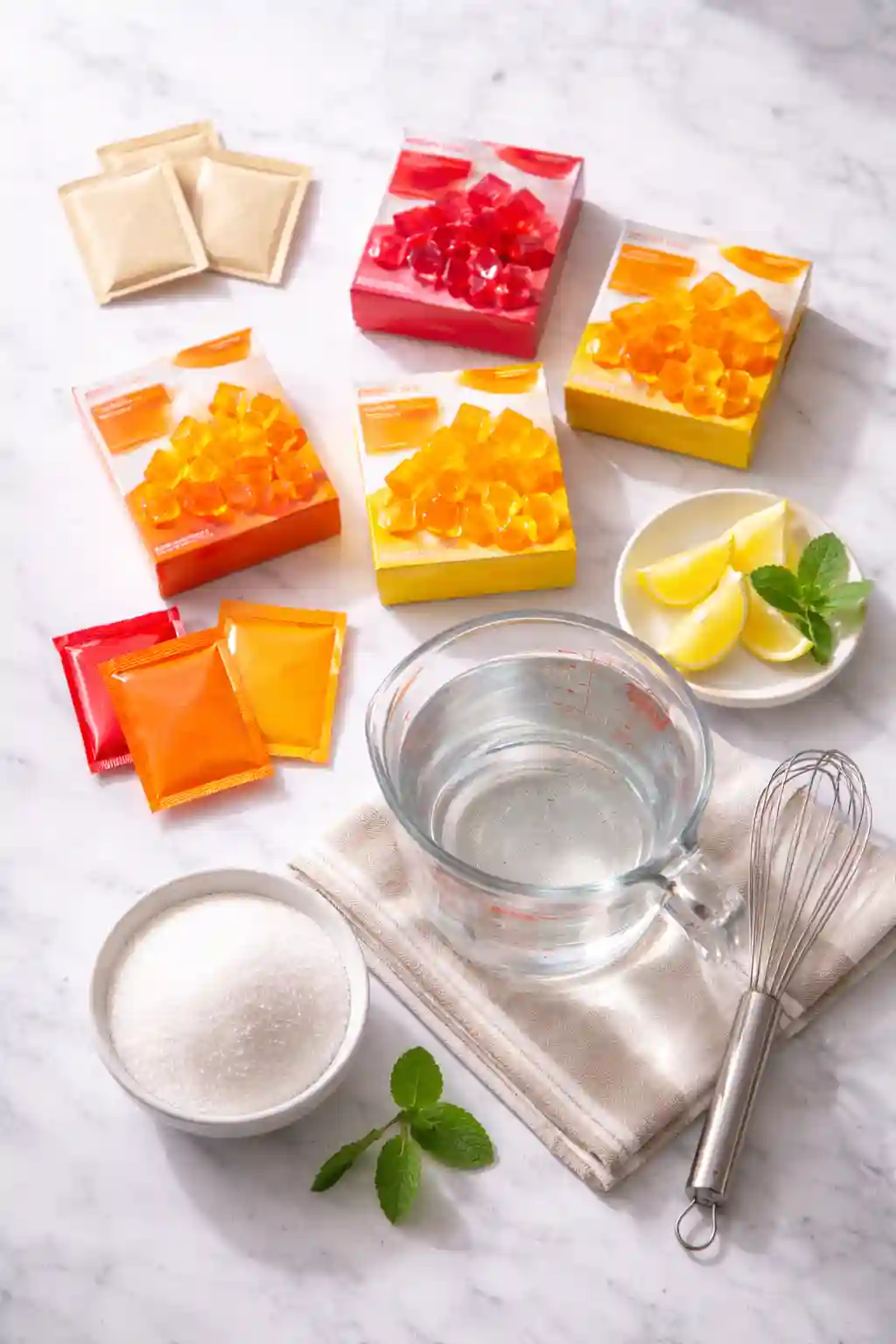 gelatin unflavored knox ingredients setup with flavored gelatin powder water and lemon on kitchen counter