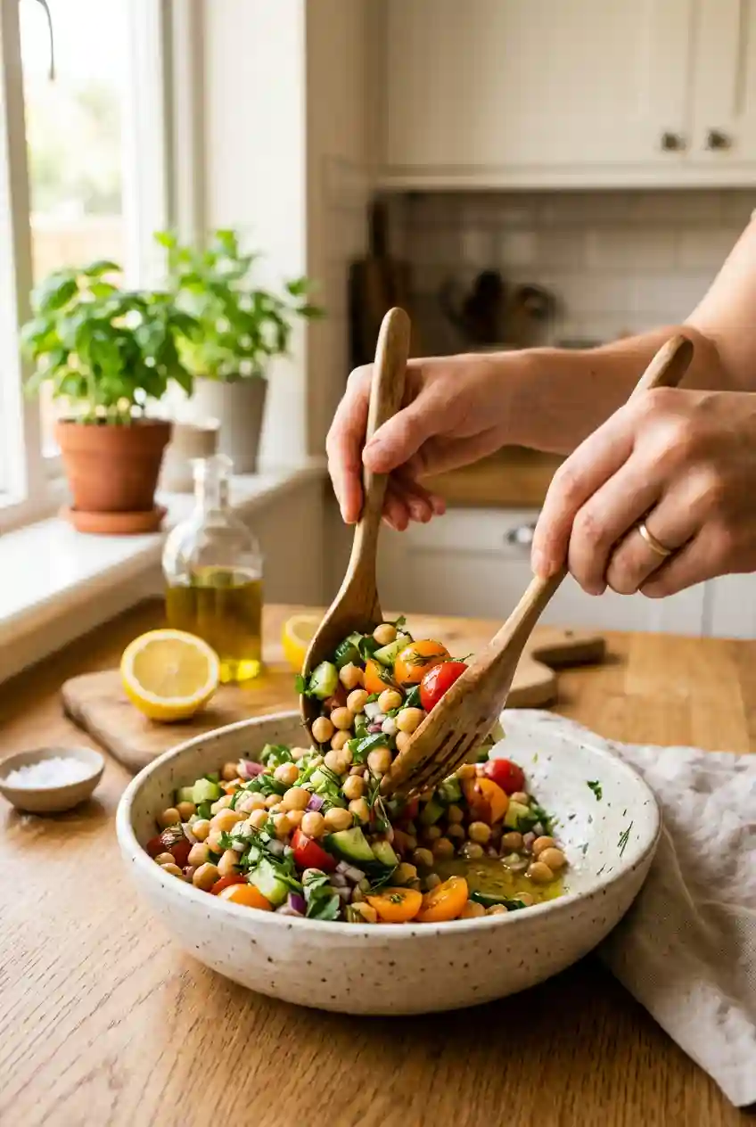 Hands mixing chickpea salad with cucumber, tomatoes and olive oil in a bowl, showing step by step preparation of a healthy recipe