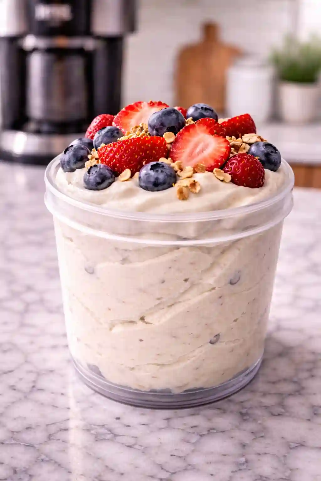 greek yogurt ninja creami protein ice cream recipe with strawberries blueberries and granola creamy healthy dessert