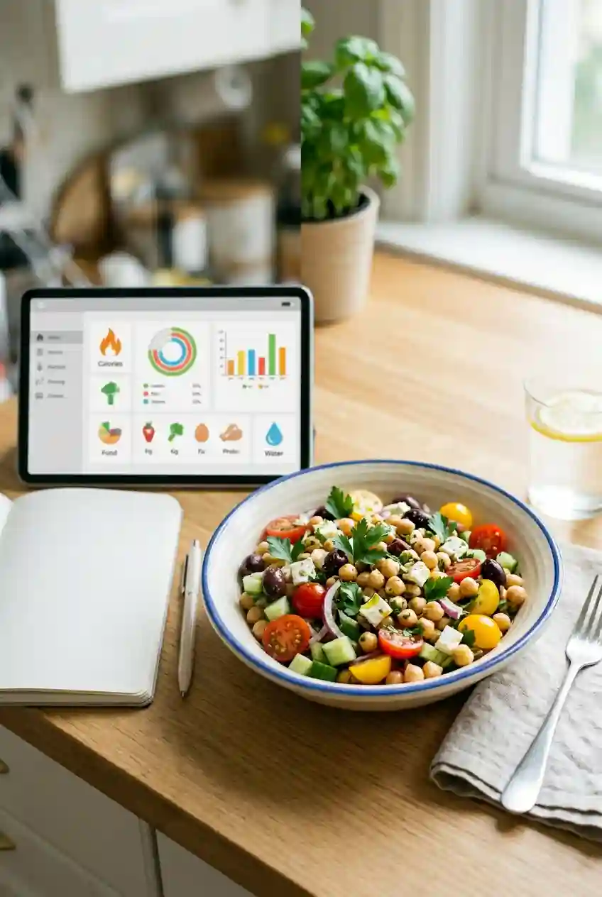Healthy chickpea salad with vegetables next to a tablet showing nutrition tracking, representing blood sugar control and balanced eating habits