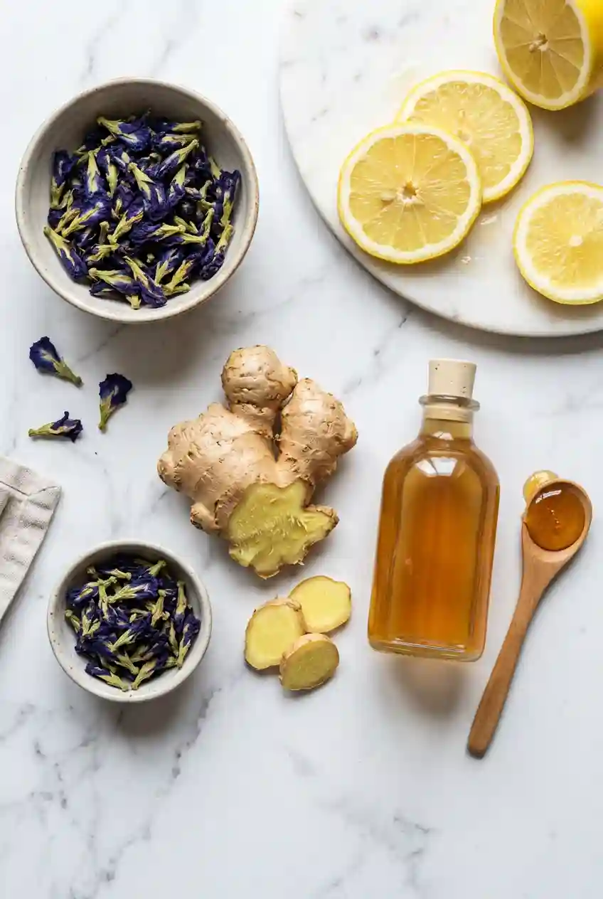 brazilian mounjaro recipe ingredients lemon ginger apple cider vinegar and butterfly pea flowers