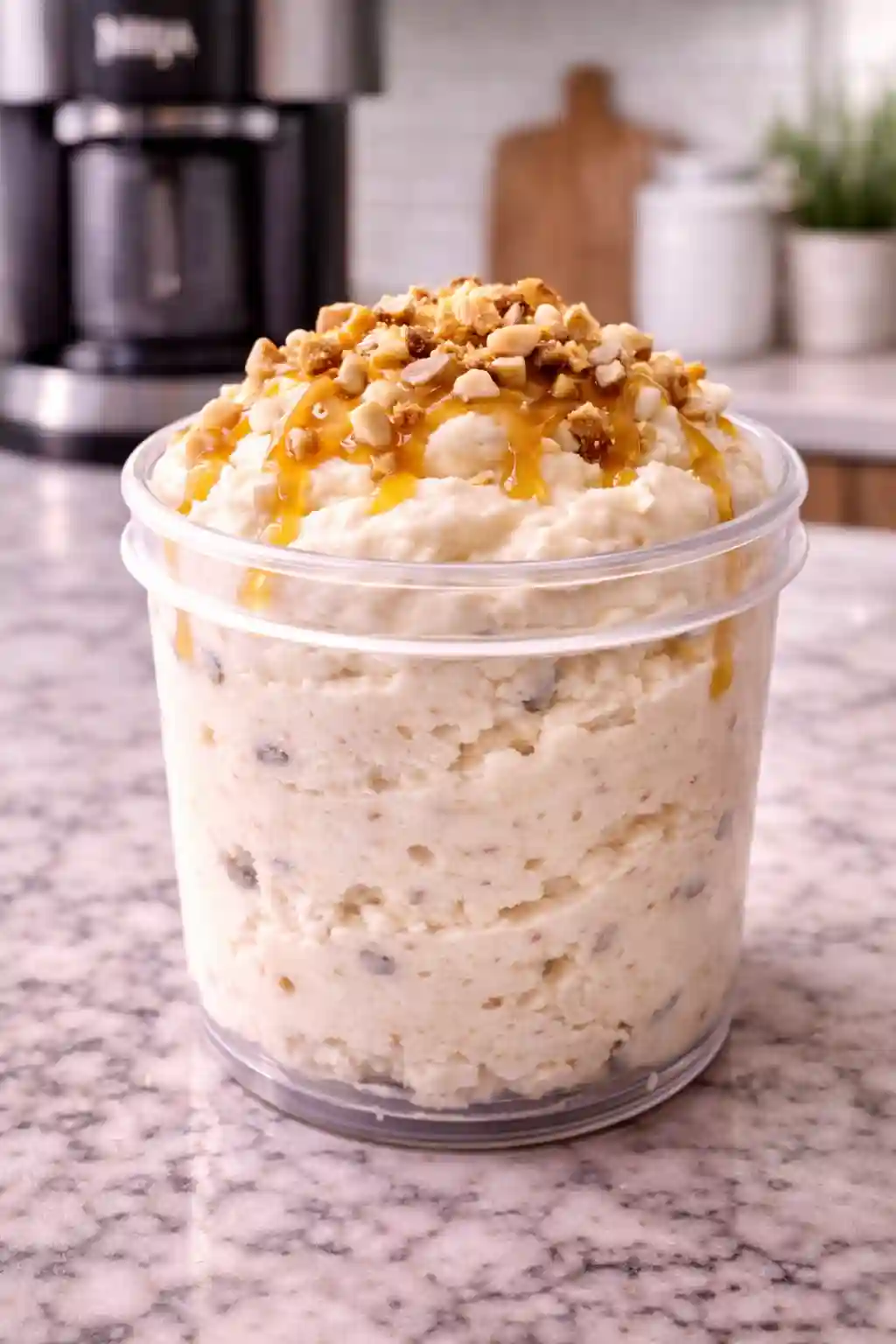 caramel ninja creami protein ice cream recipe creamy texture with caramel drizzle and crunchy nuts topping