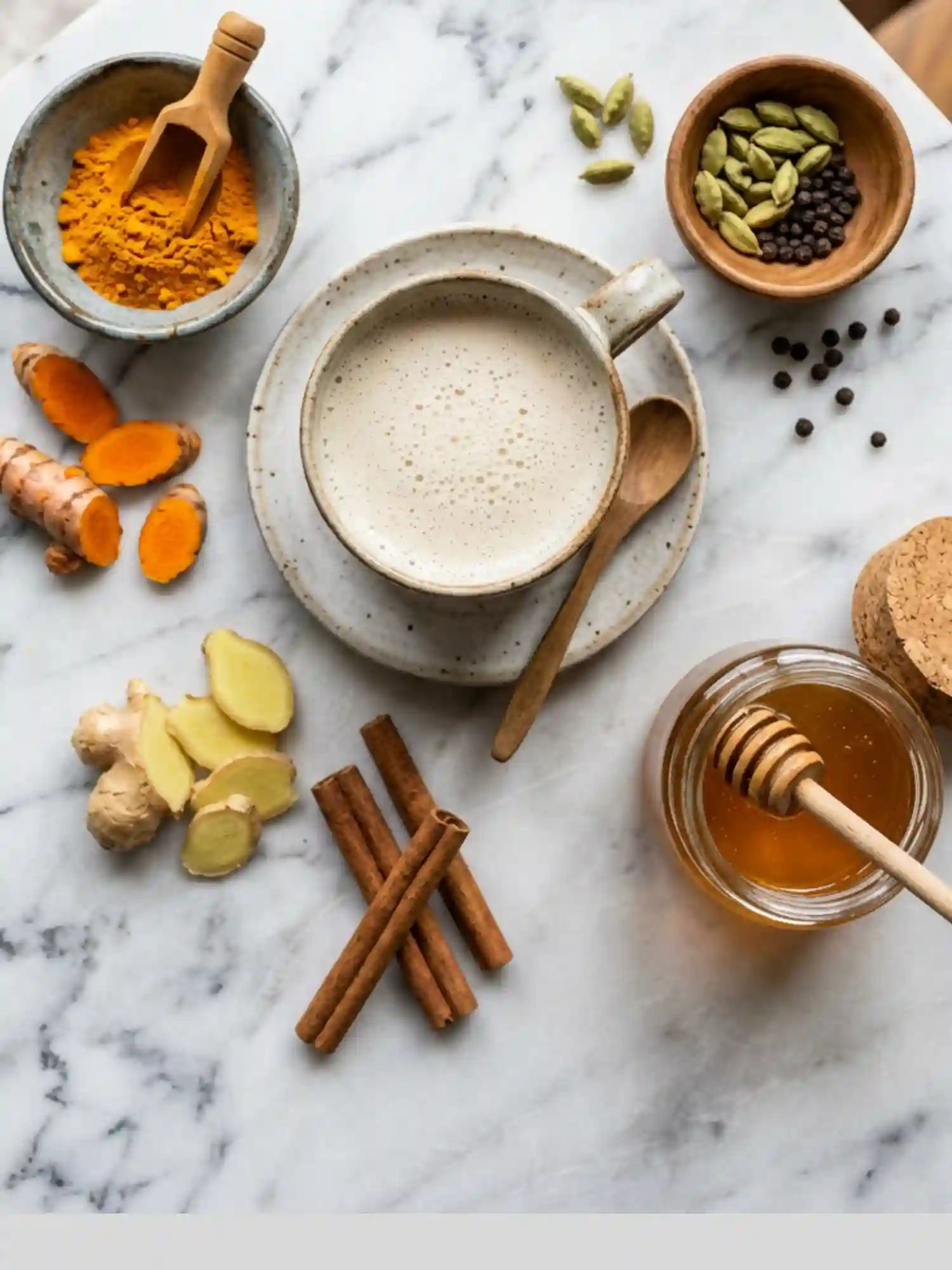 Sanjay Gupta chai tea recipe ingredients including turmeric, ginger, cinnamon, cardamom, black pepper, and honey arranged on a marble surface