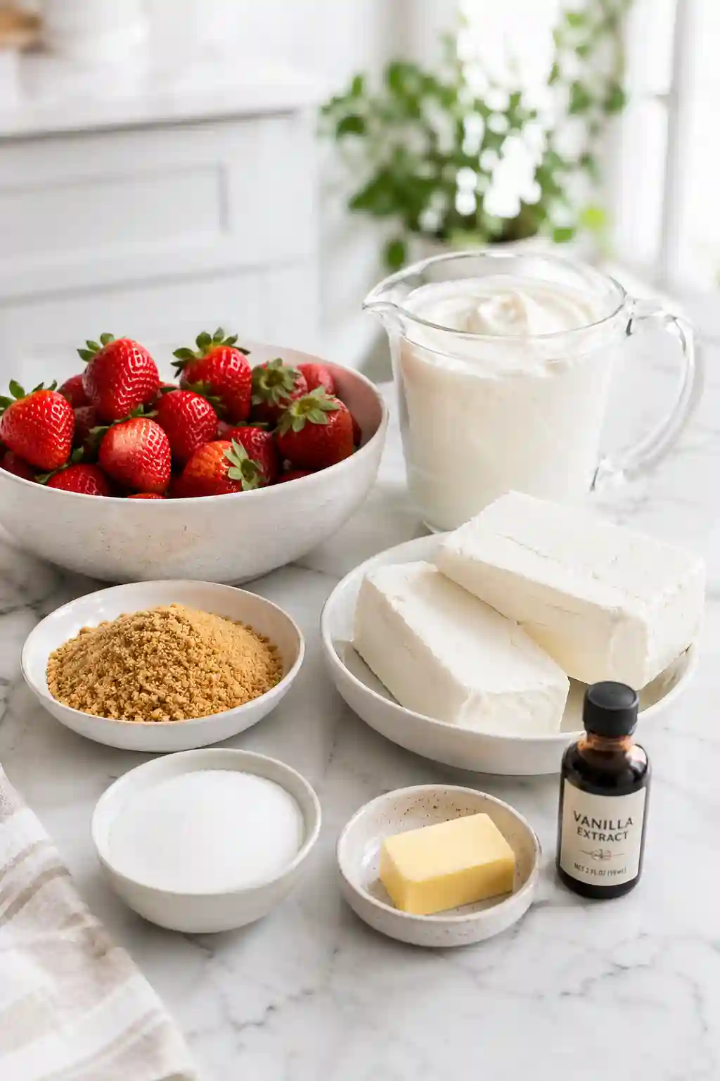 no bake strawberry cheesecake ingredients including fresh strawberries cream cheese whipped cream graham crackers sugar butter and vanilla extract