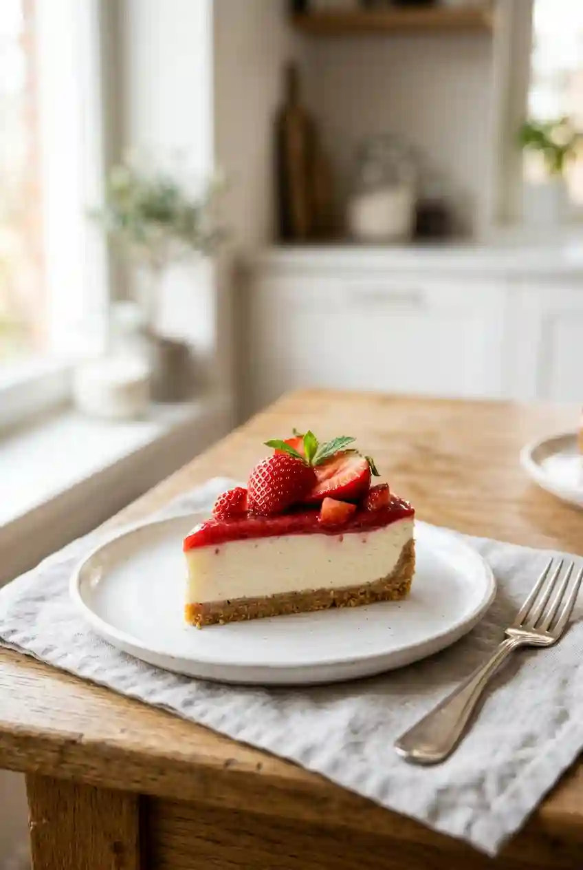 slice of no bake strawberry cheesecake served on plate with fresh strawberries on top