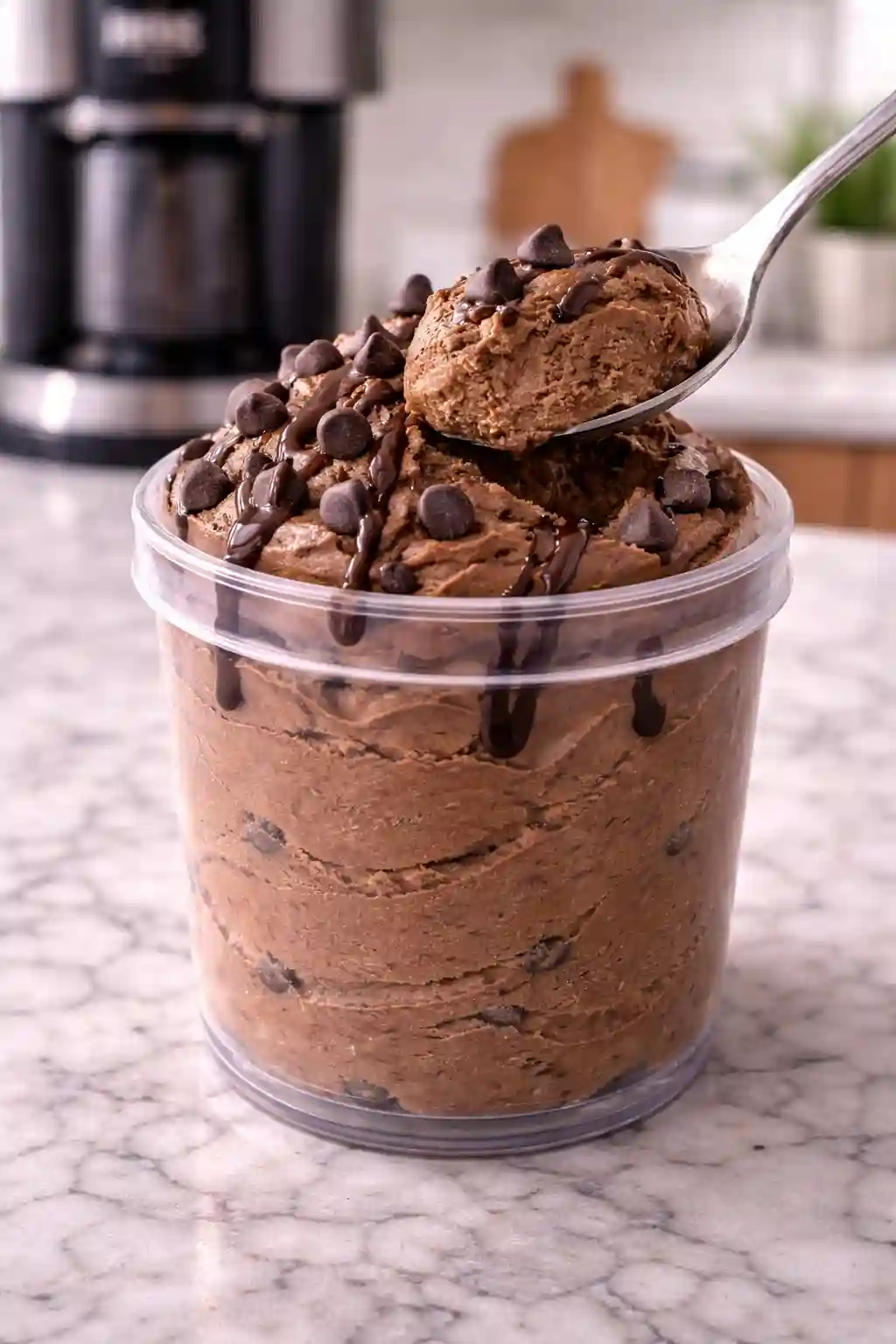 chocolate ninja creami protein ice cream recipe creamy texture with chocolate chips and drizzle scoop close up
