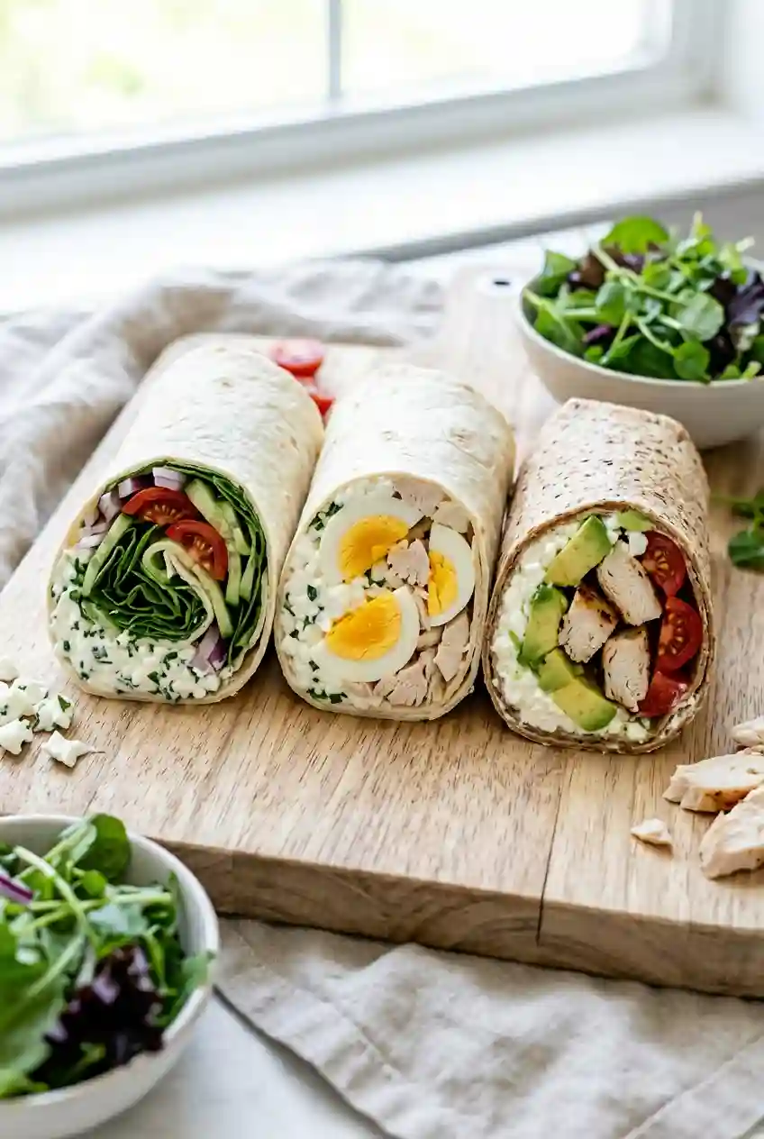 cottage cheese wrap meal prep ideas with different fillings including egg chicken avocado and vegetables