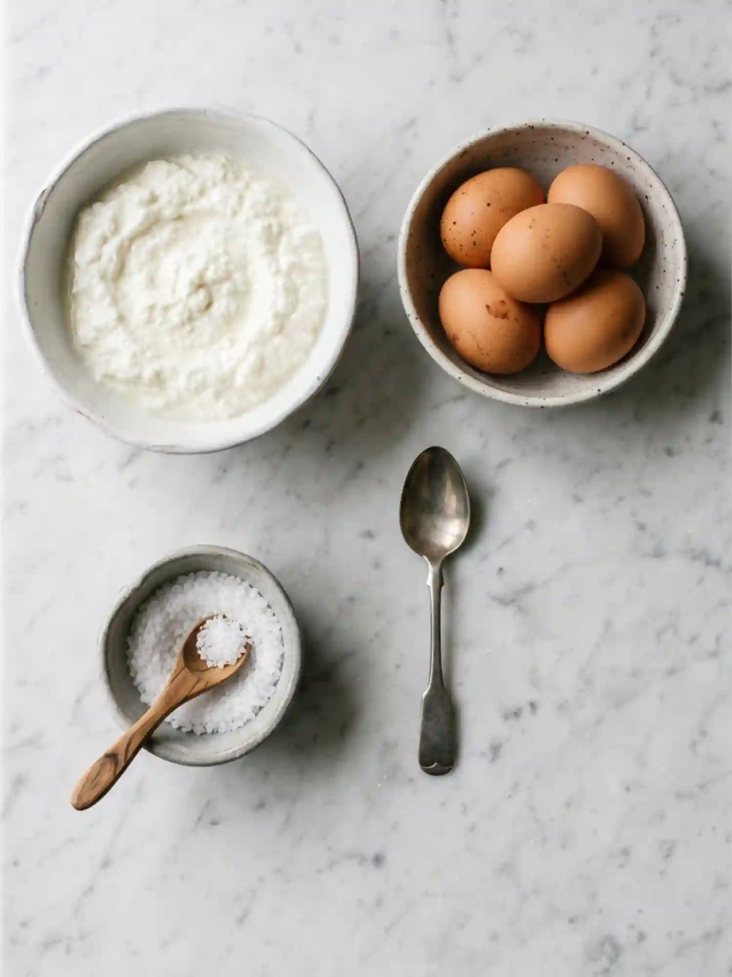 cottage cheese wrap recipe ingredients including cottage cheese eggs salt and spoon on a clean marble surface